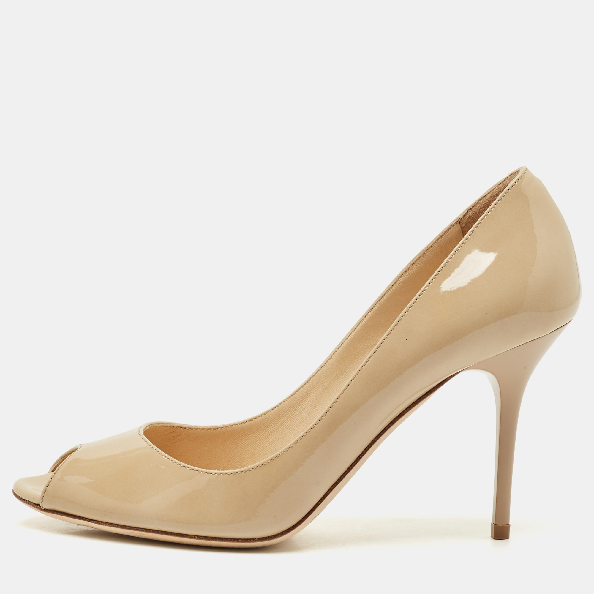

Jimmy Choo Beige Patent Evelyn Peep Toe Pumps Size