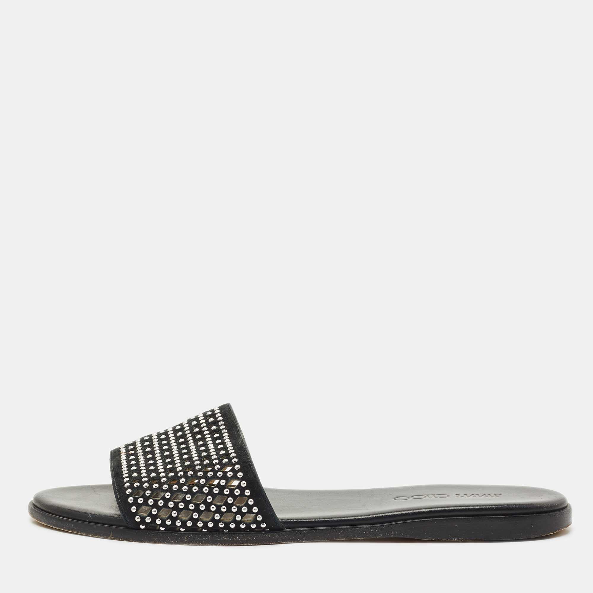 Pre-owned Jimmy Choo Black Leather And Suede Studded Minea Flat Slides Size 41