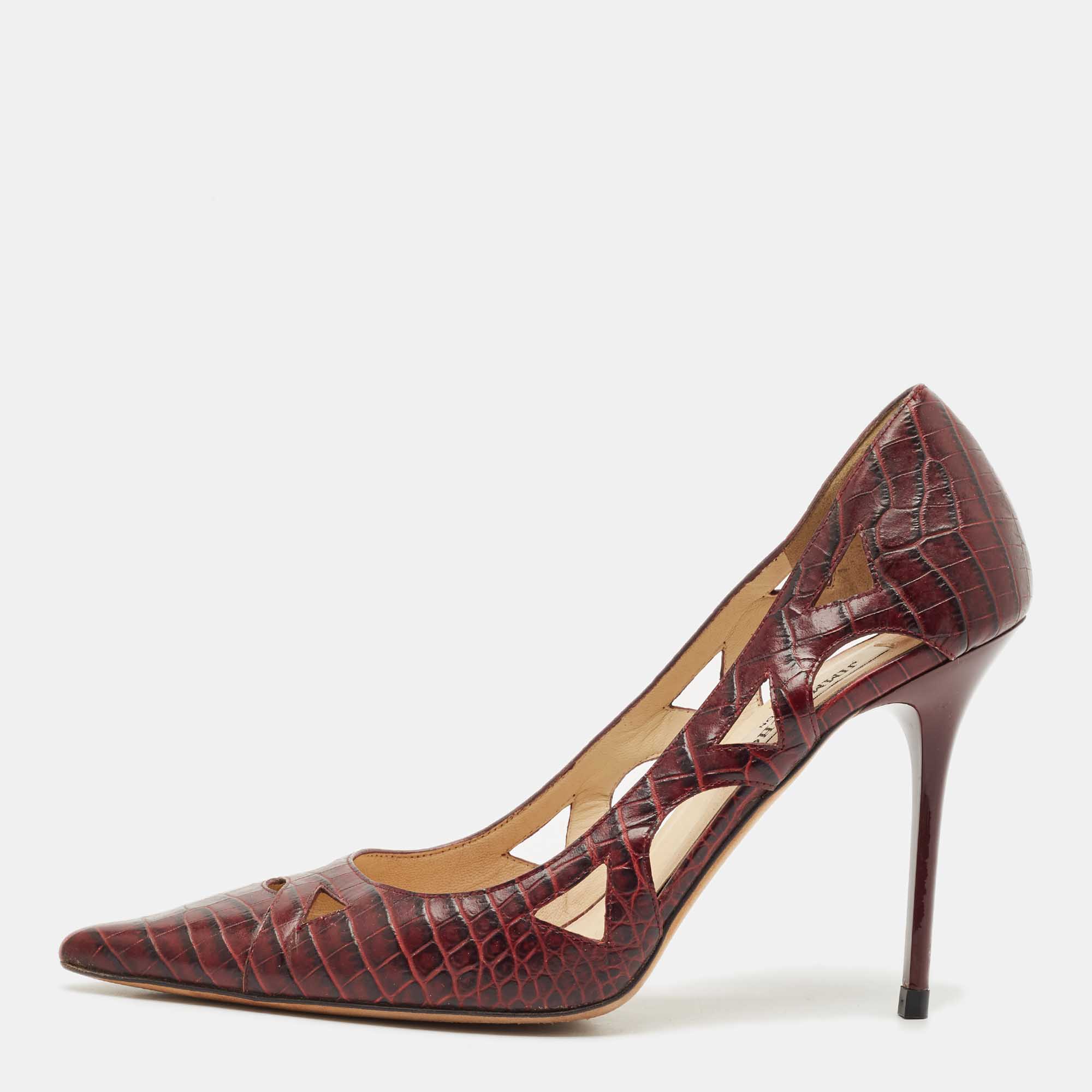 

Jimmy Choo Burgundy Croc Embossed Leather Love Pumps Size