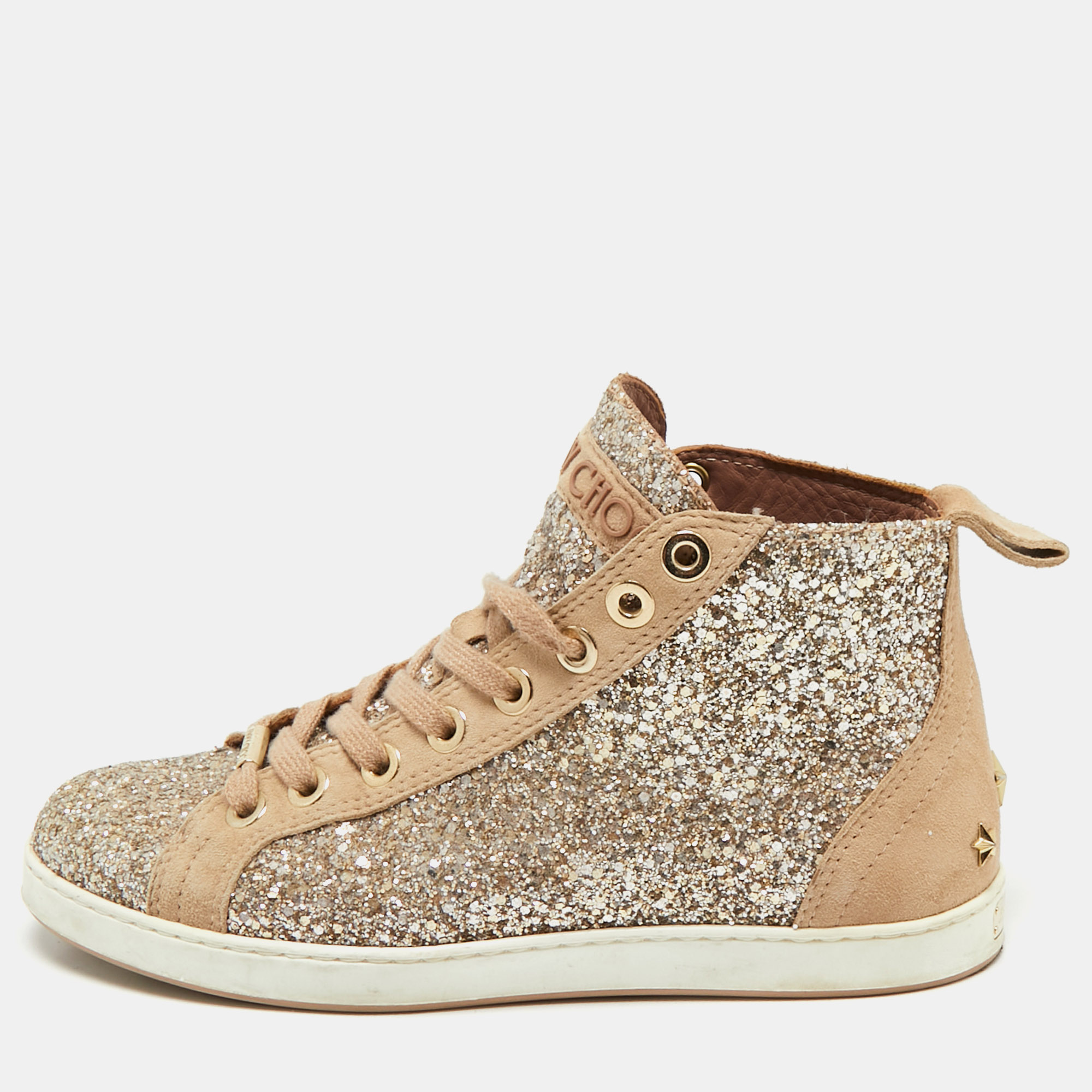 

Jimmy Choo Beige/Silver Glitter and Suede High Top Sneakers Size