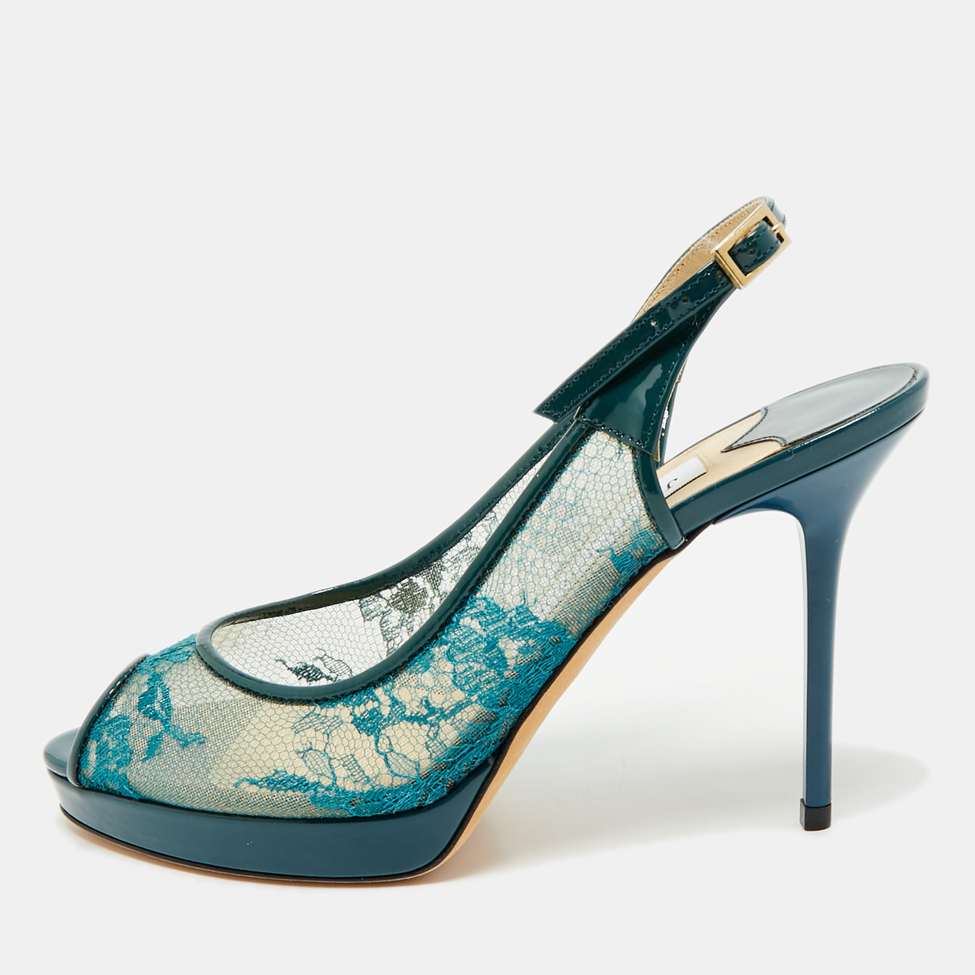 

Jimmy Choo Green Lace and Patent Leather Nova Peep-Toe Slingback Sandals Size