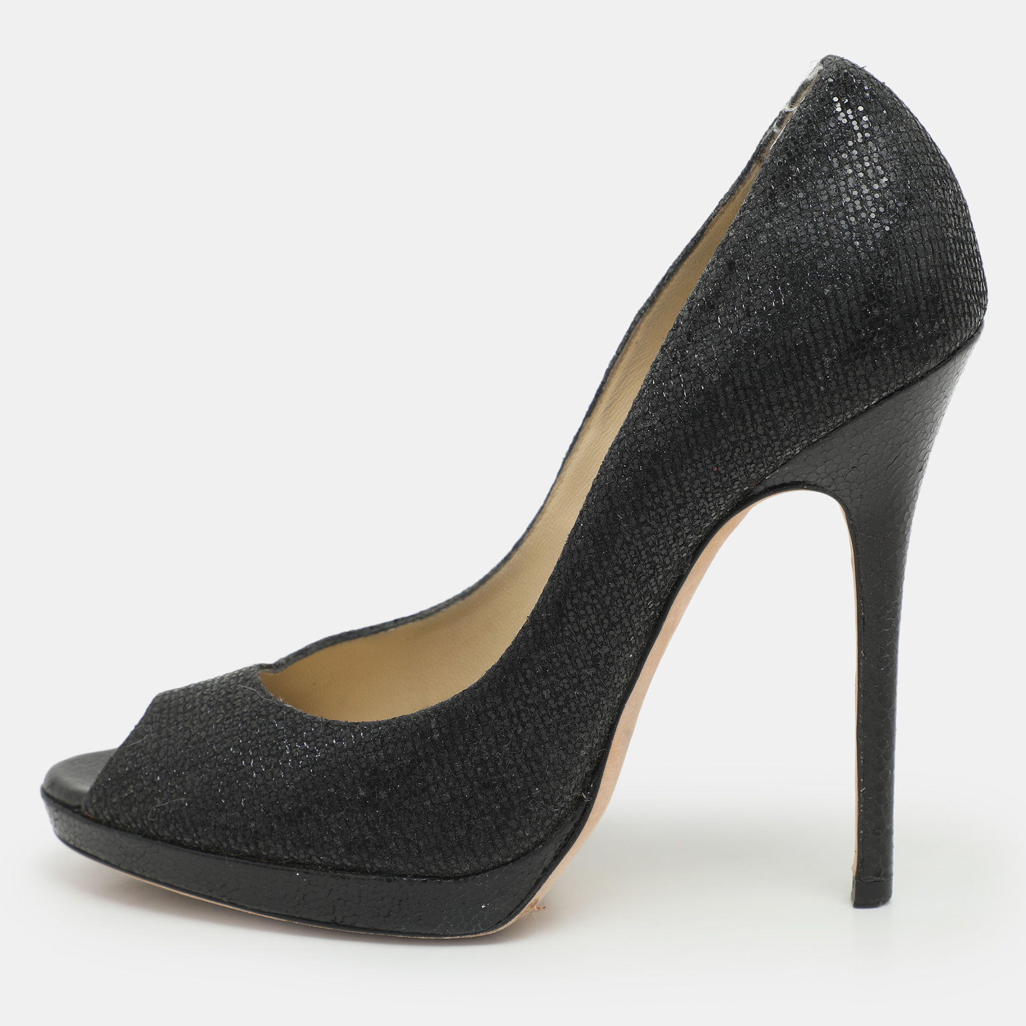 

Jimmy Choo Black Glitter Fabric and Leather Luna Platform Pumps Size