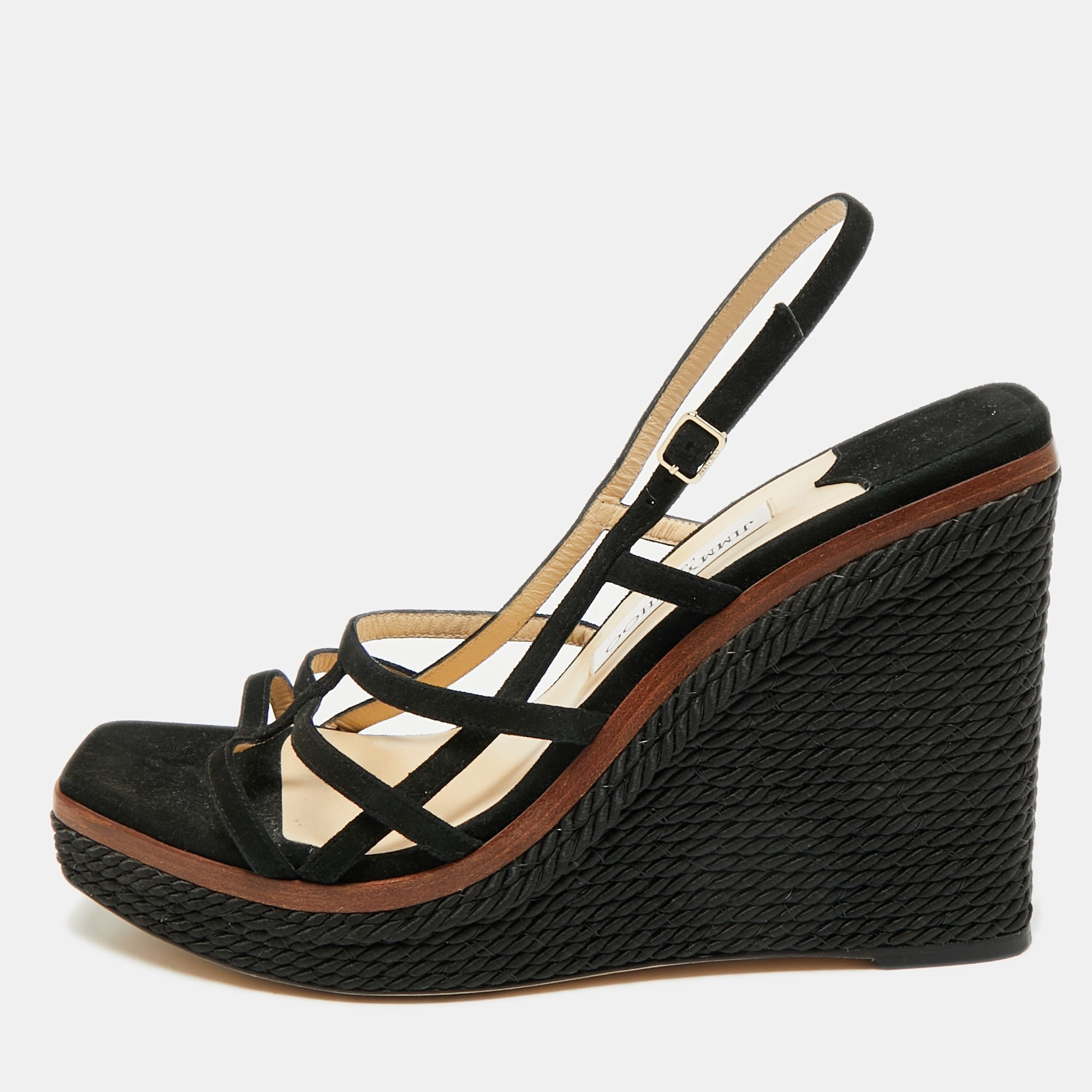 

JIMMY Choo Black Suede Caged Strappy Ankle Strap Wedge Sandals Size