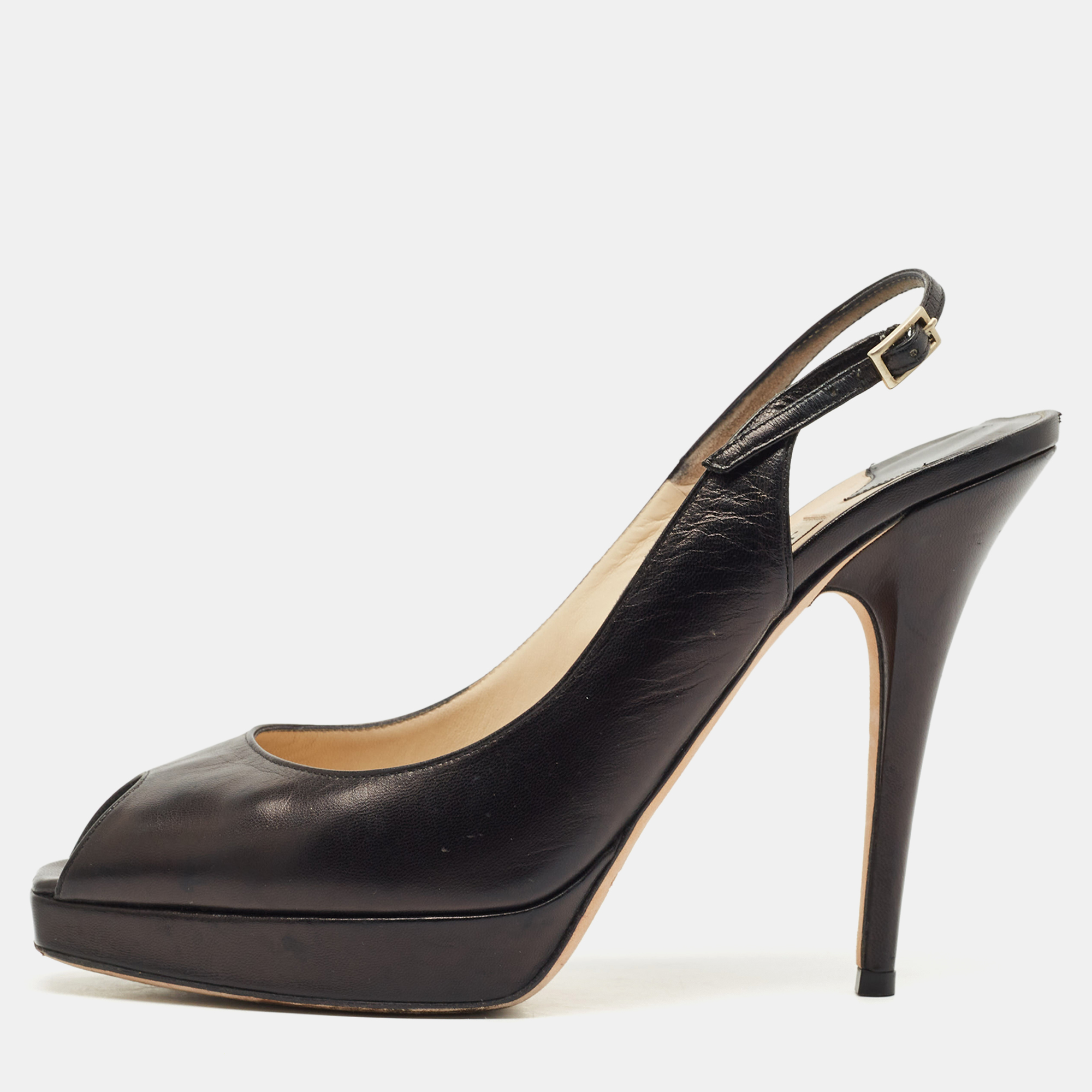 

Jimmy Choo Black Patent Leather Vita Peep Toe Platform Slingback Sandals Size