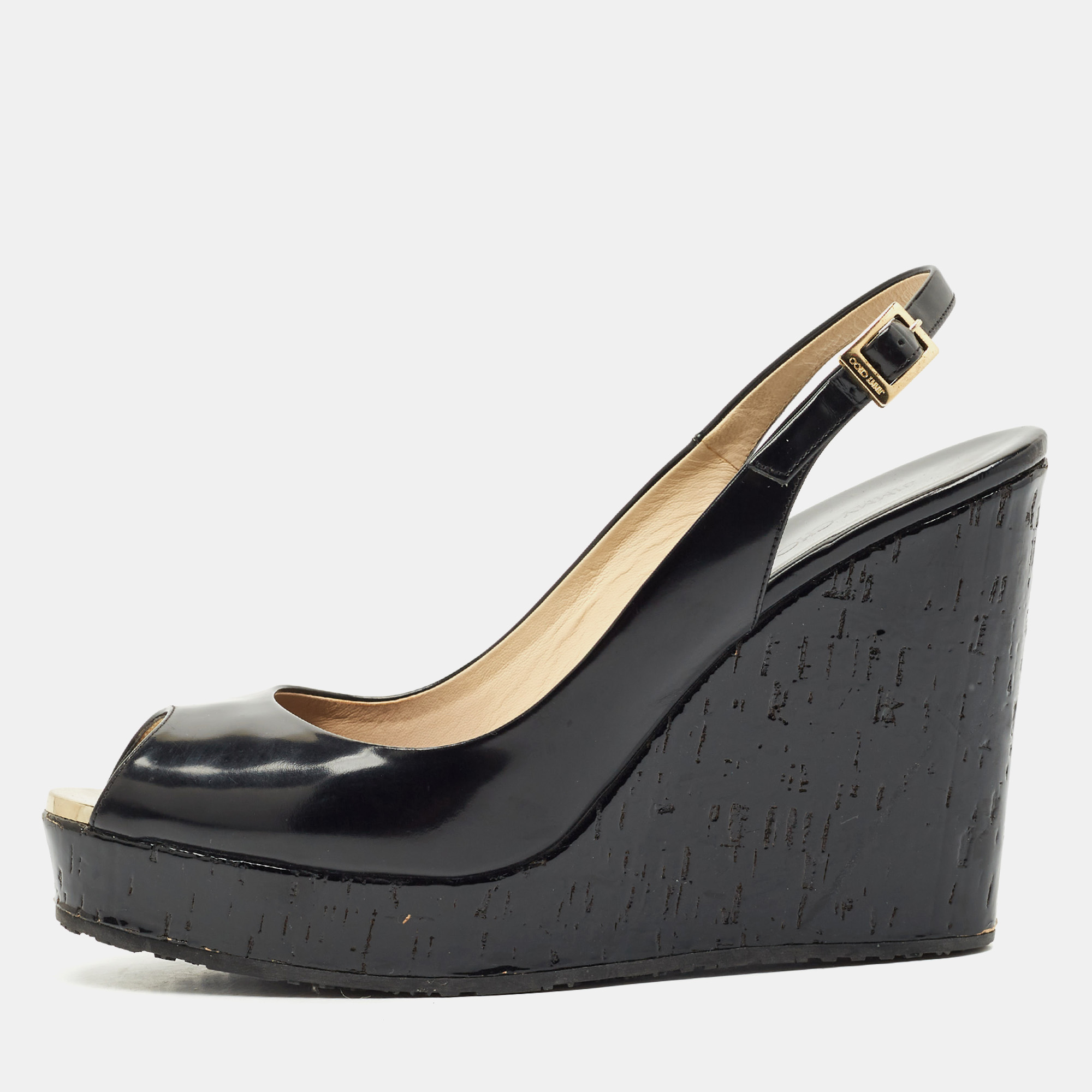 

Jimmy Choo Black Patent Platform Wedge Slingback Sandals Size