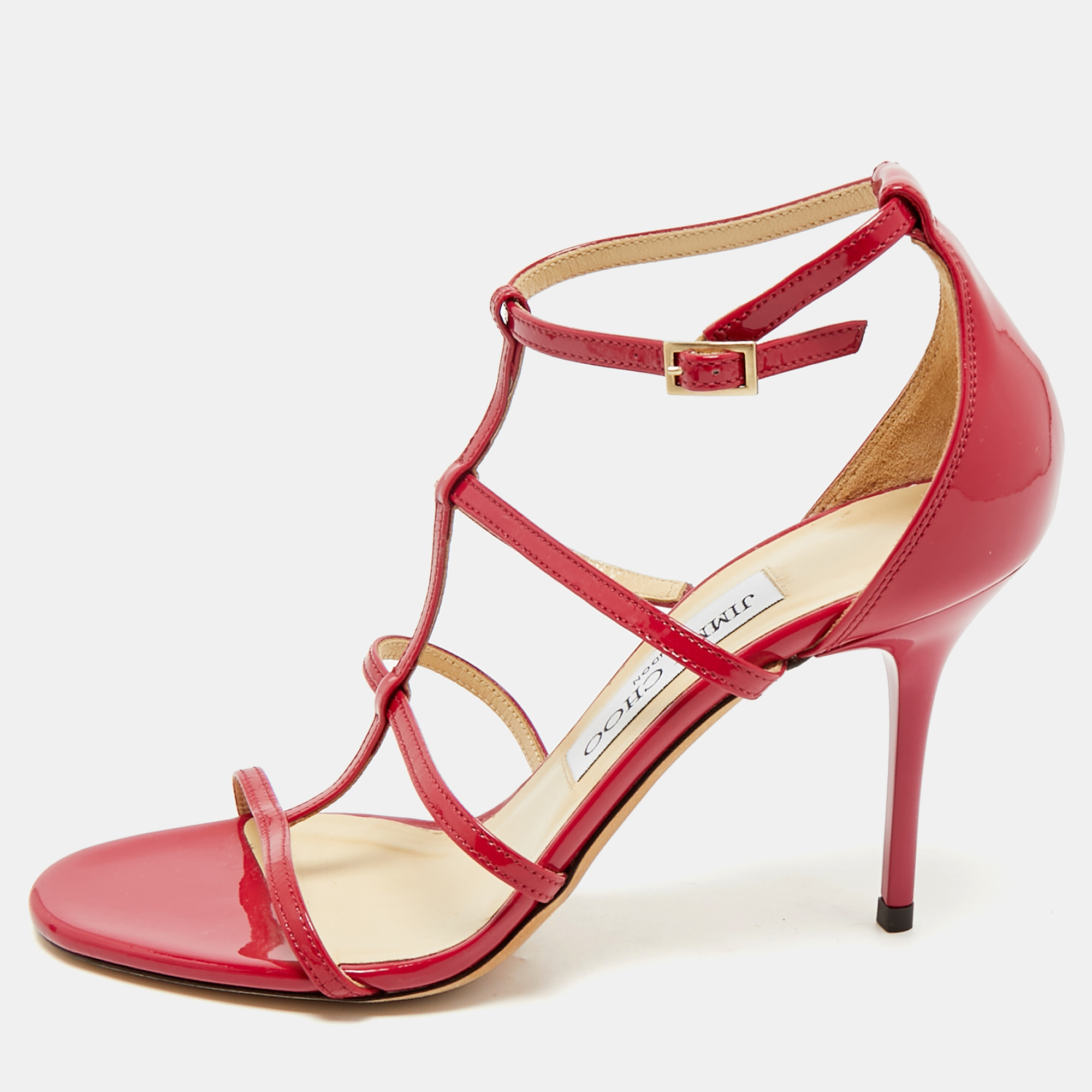 

Jimmy Choo Neon Pink Patent Leather Thistle Open Toe Sandals Size