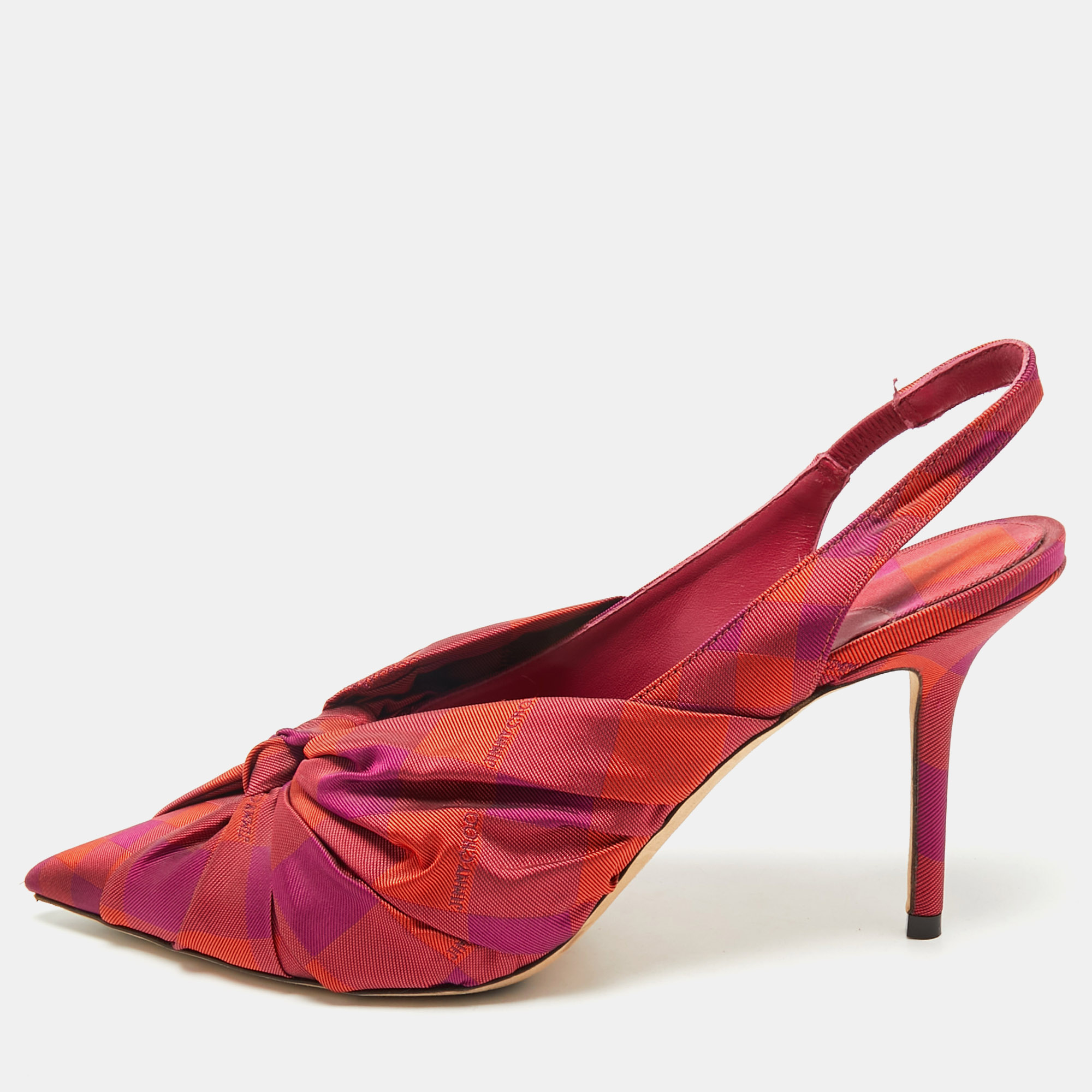 Pre-owned Jimmy Choo Pink/orange Plaid Fabric Knot Pointed Toe Slingback Pumps Size 40