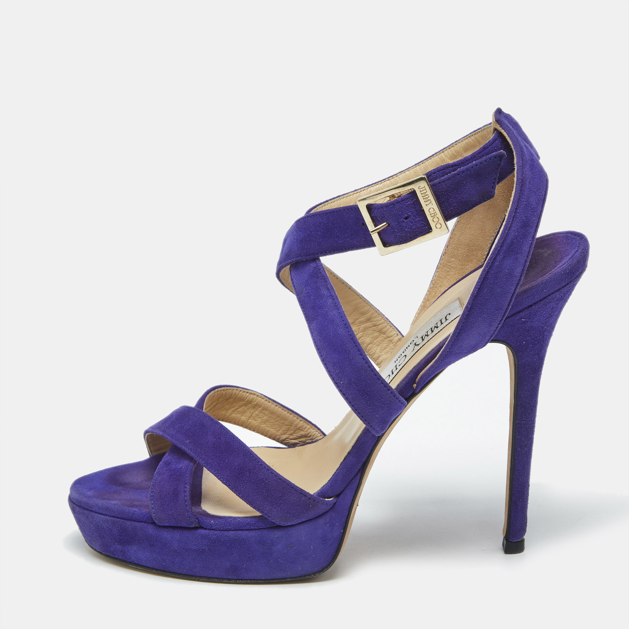 

Jimmy Choo Purple Suede Maitai Platform Sandals Size