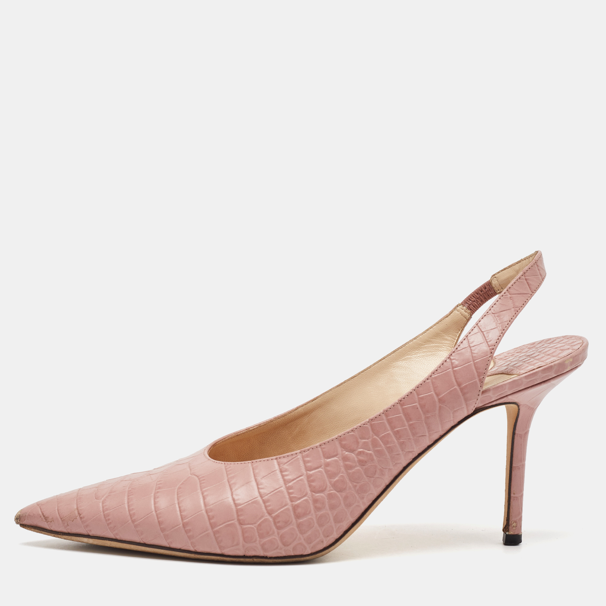 

Jimmy Choo Light Pink Croc Embossed Leather Pointed Toe Slingback Pumps Size