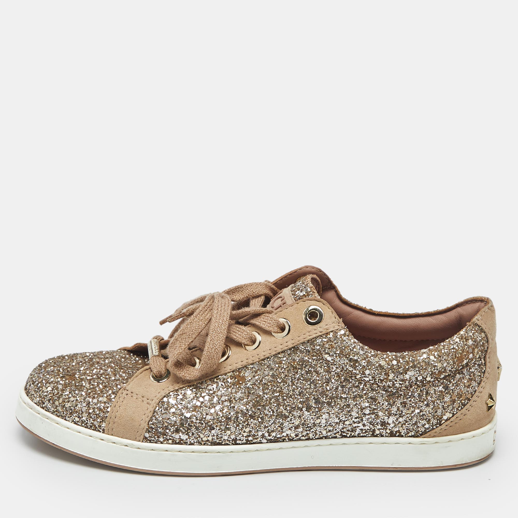 

Jimmy Choo Metallic Beige Glitter and Suede Low Top Sneakers Size