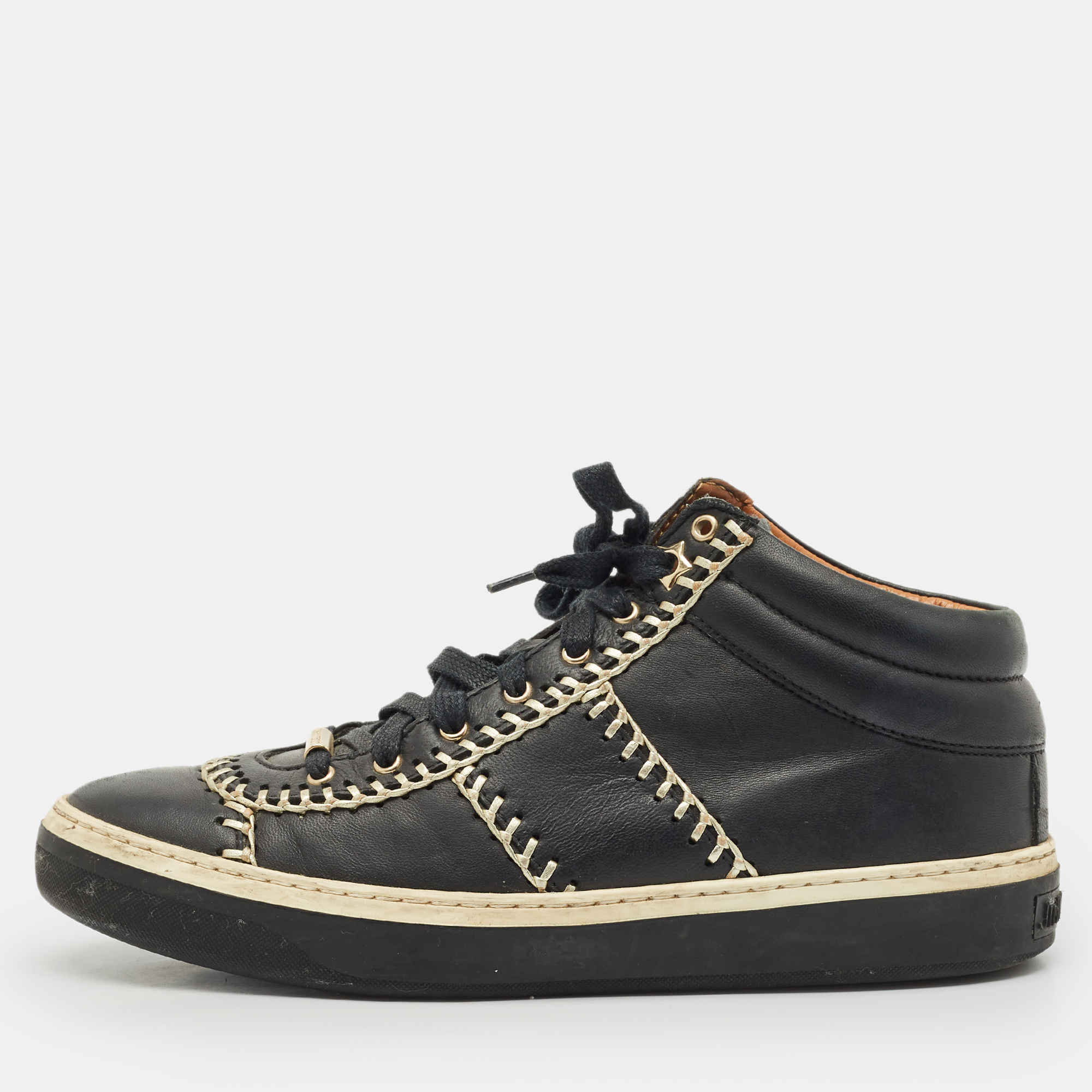 

Jimmy Choo Black Leather Bells Mid Top Sneakers Size