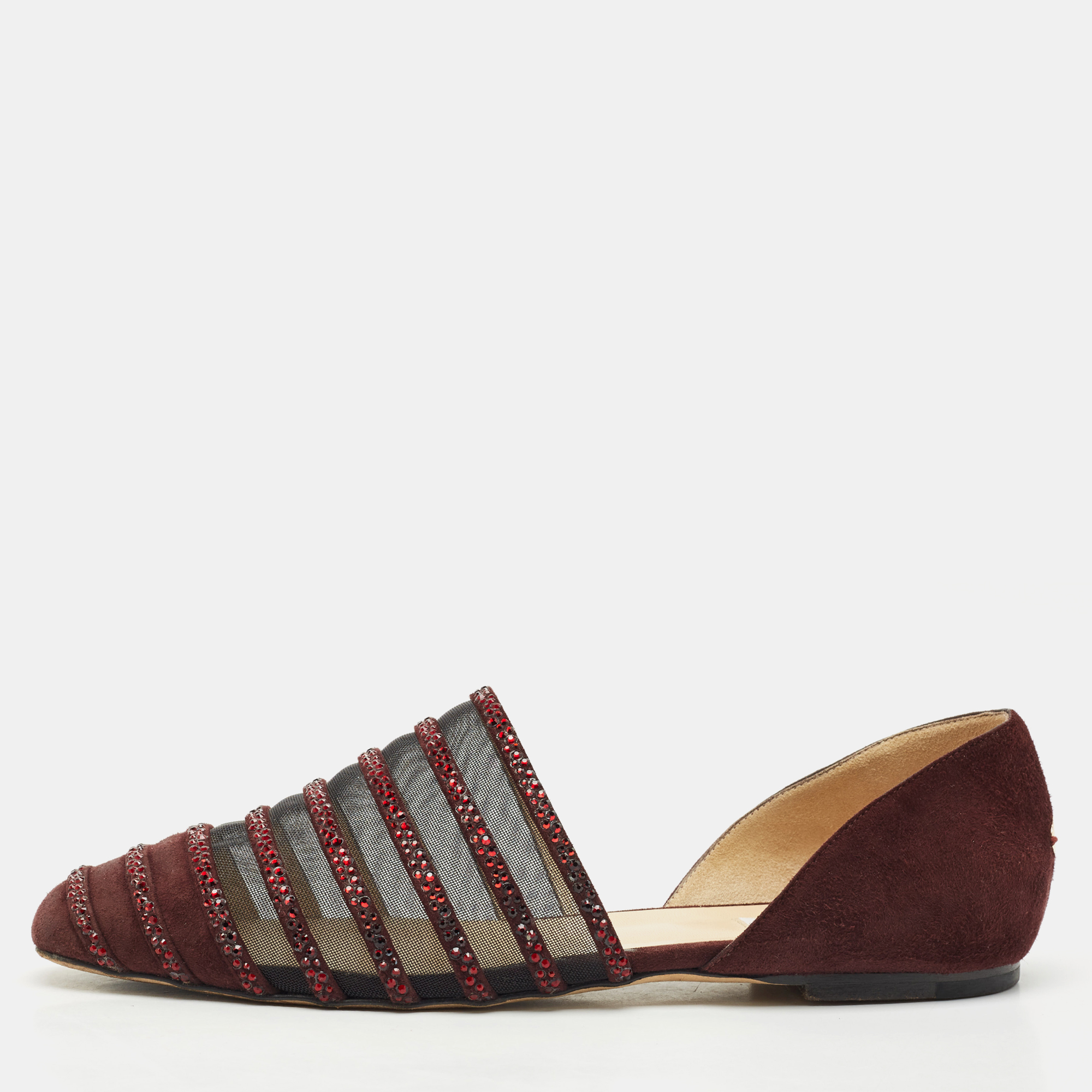 

Jimmy Choo Burgundy Suede and Mesh Crystal Embellished Globe Flats Size