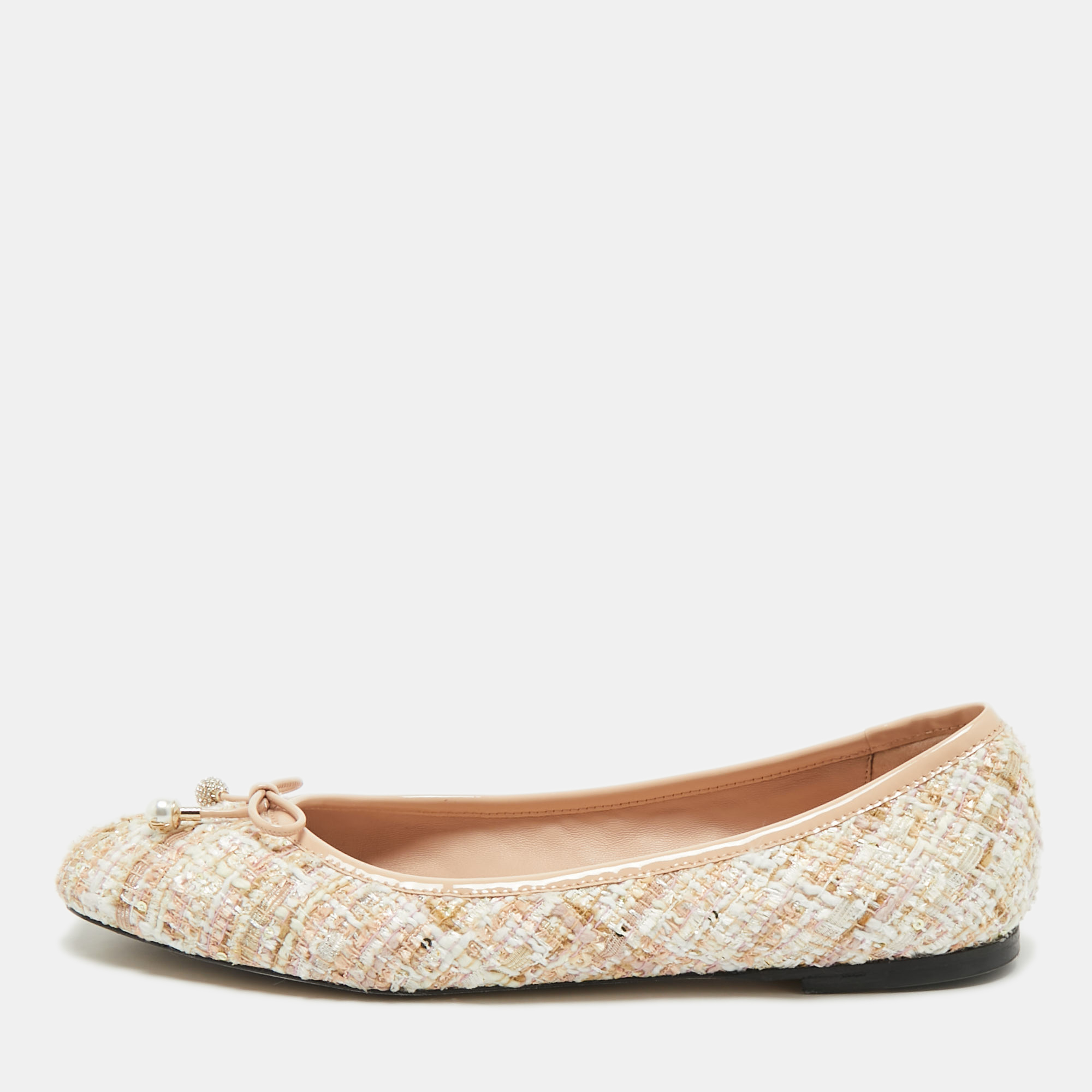 

Jimmy Choo Beige Tweed and Patent Leather Bow Elme Ballet Flats Size