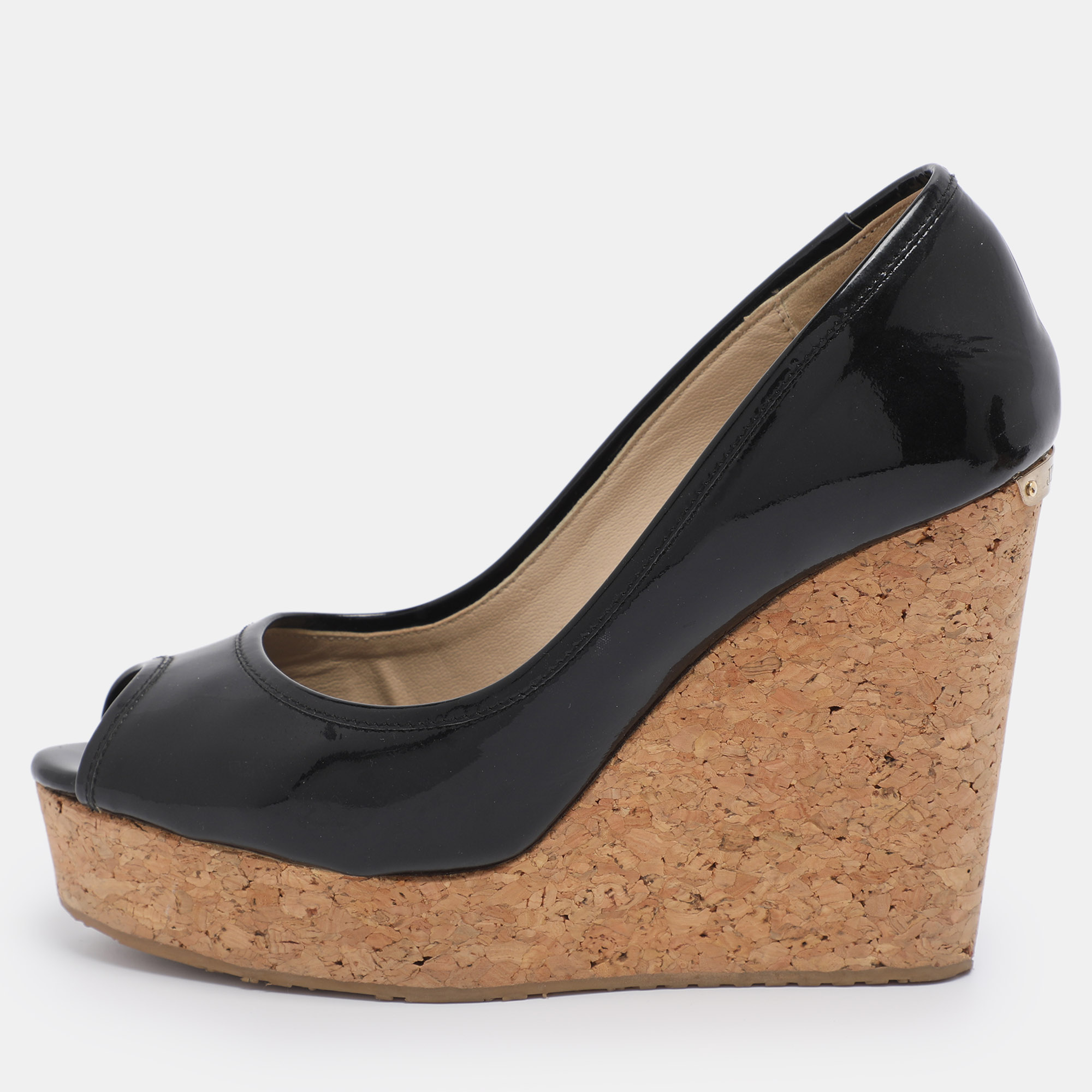 

Jimmy Choo Black Patent Papina Open Toe Cork Wedge Pumps Size 38