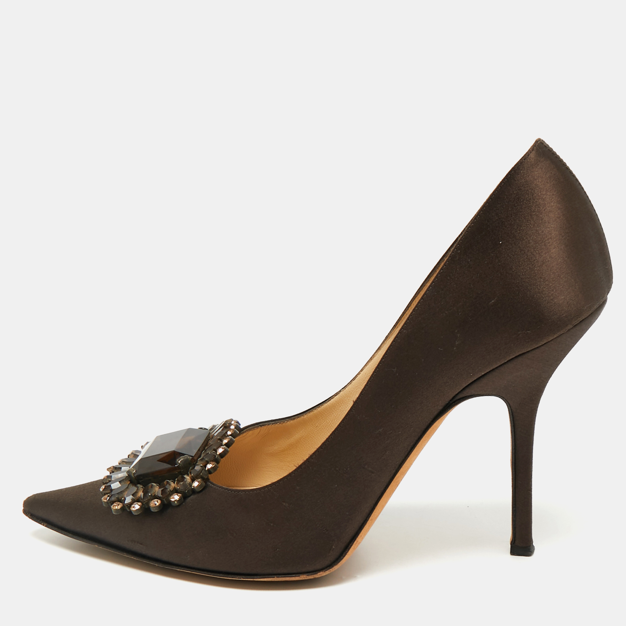 

Jimmy Choo Dark Brown Satin Embellished Pointed Toe Pumps Size