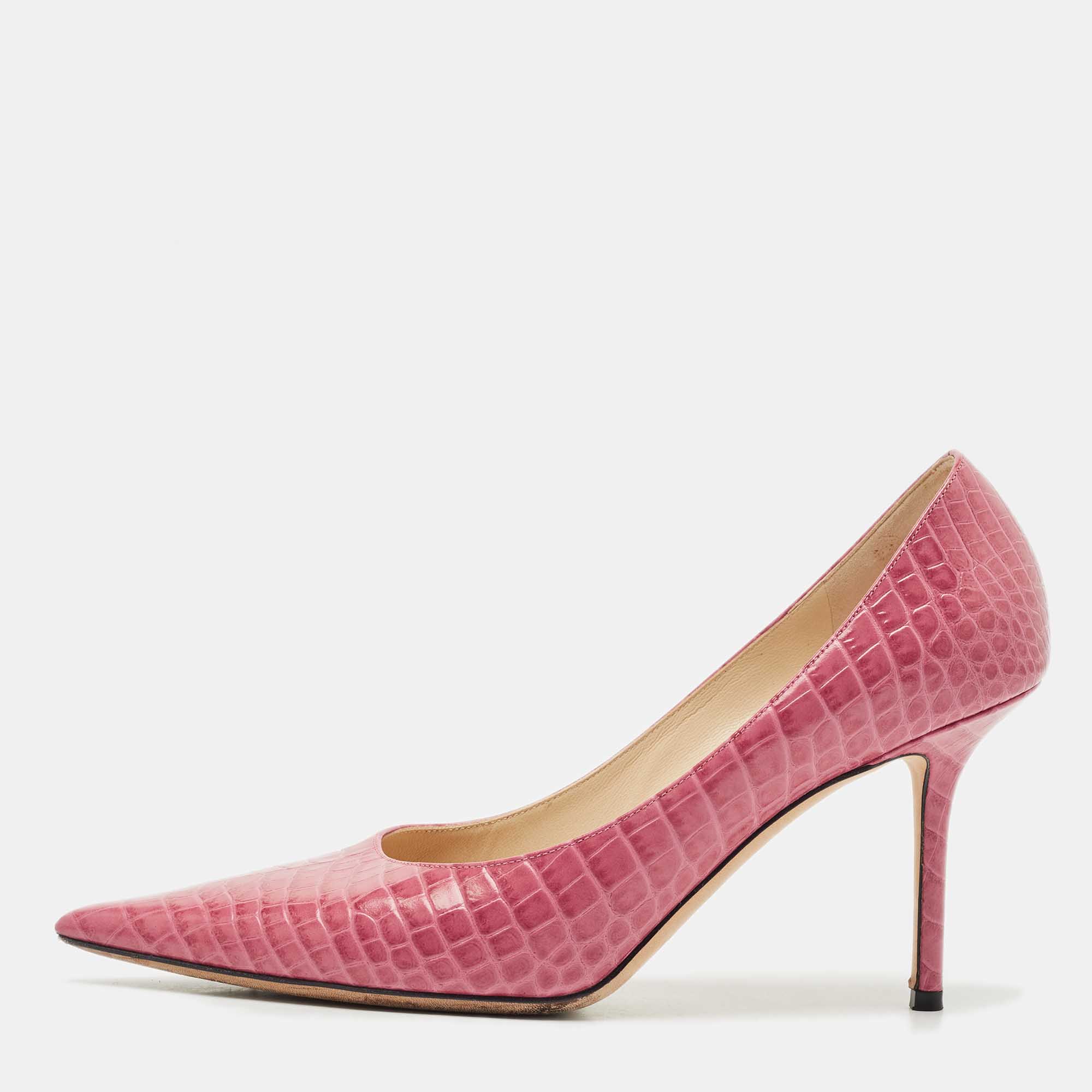 

Jimmy Choo Pink Croc Embossed Leather Love Pointy Pumps Size