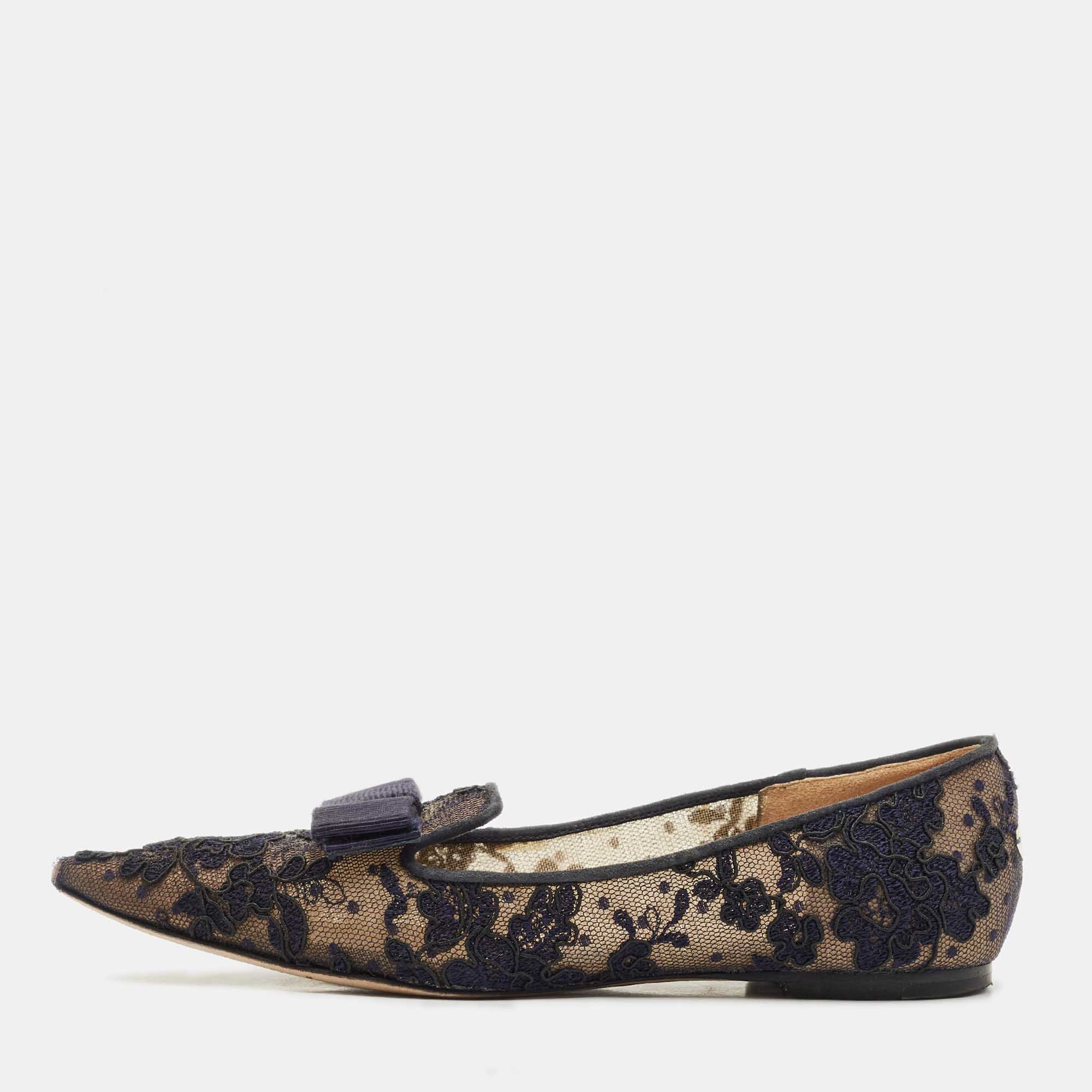 

Jimmy Choo Blue Lace and Mesh Gala Bow Ballet Flats Size