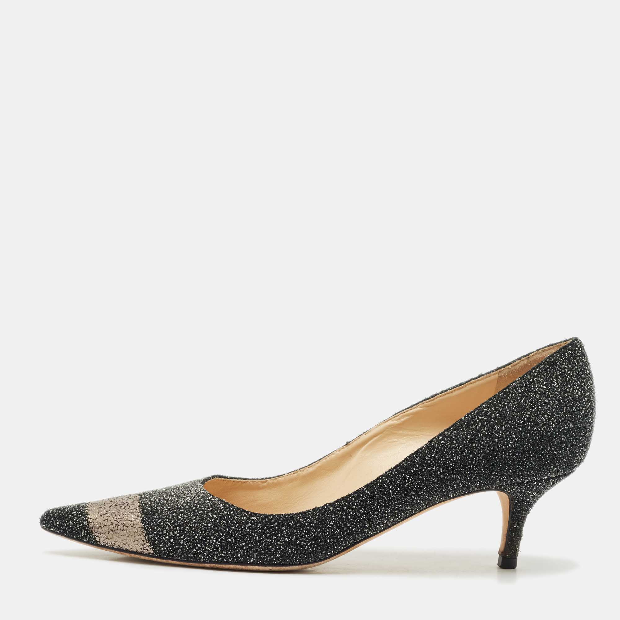 Pre-owned Jimmy Choo Black/silver Glitter Suede Pointed Toe Pumps Size 38