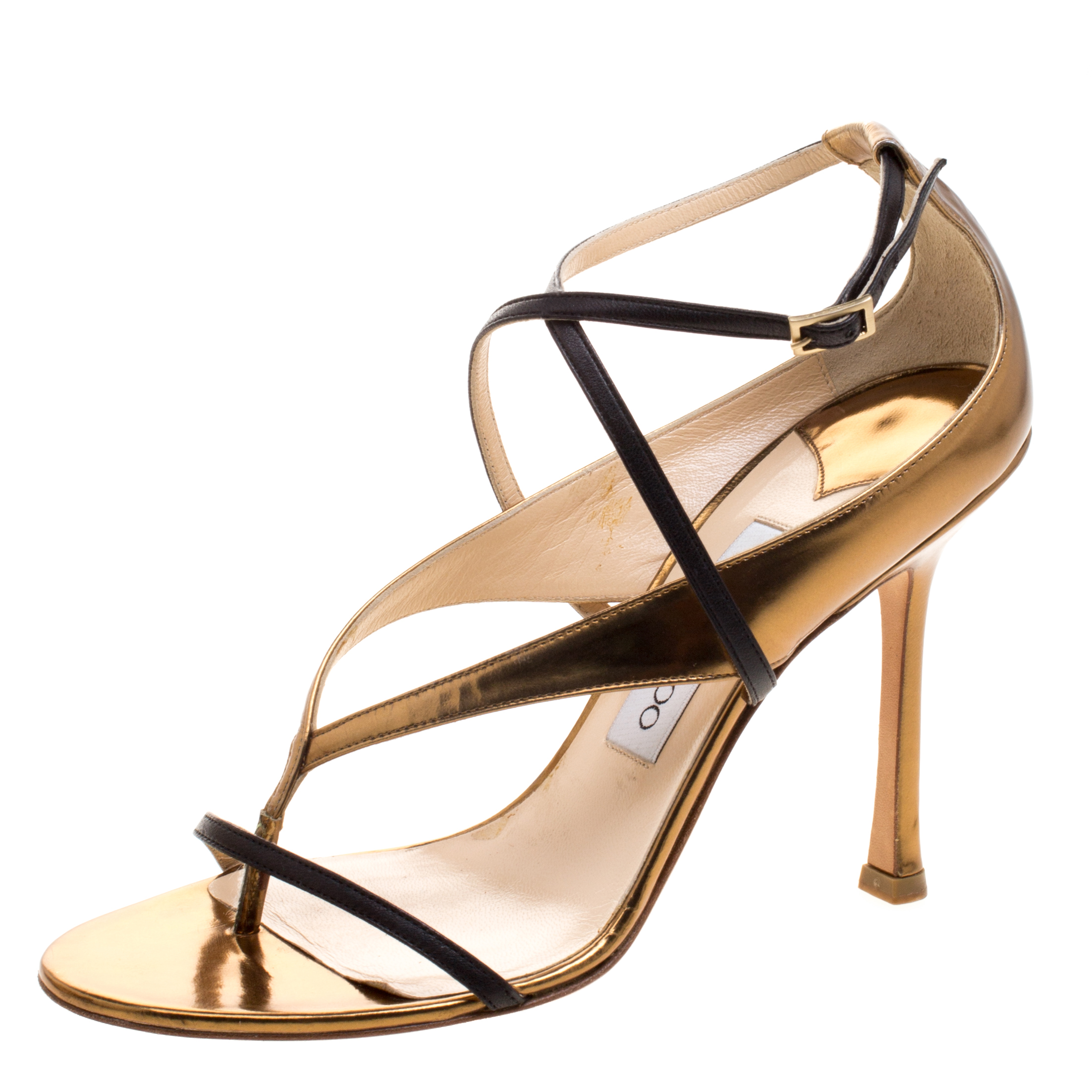 Jimmy Choo Metallic Gold and Black Leather Cross Strap Sandals Size 38 ...