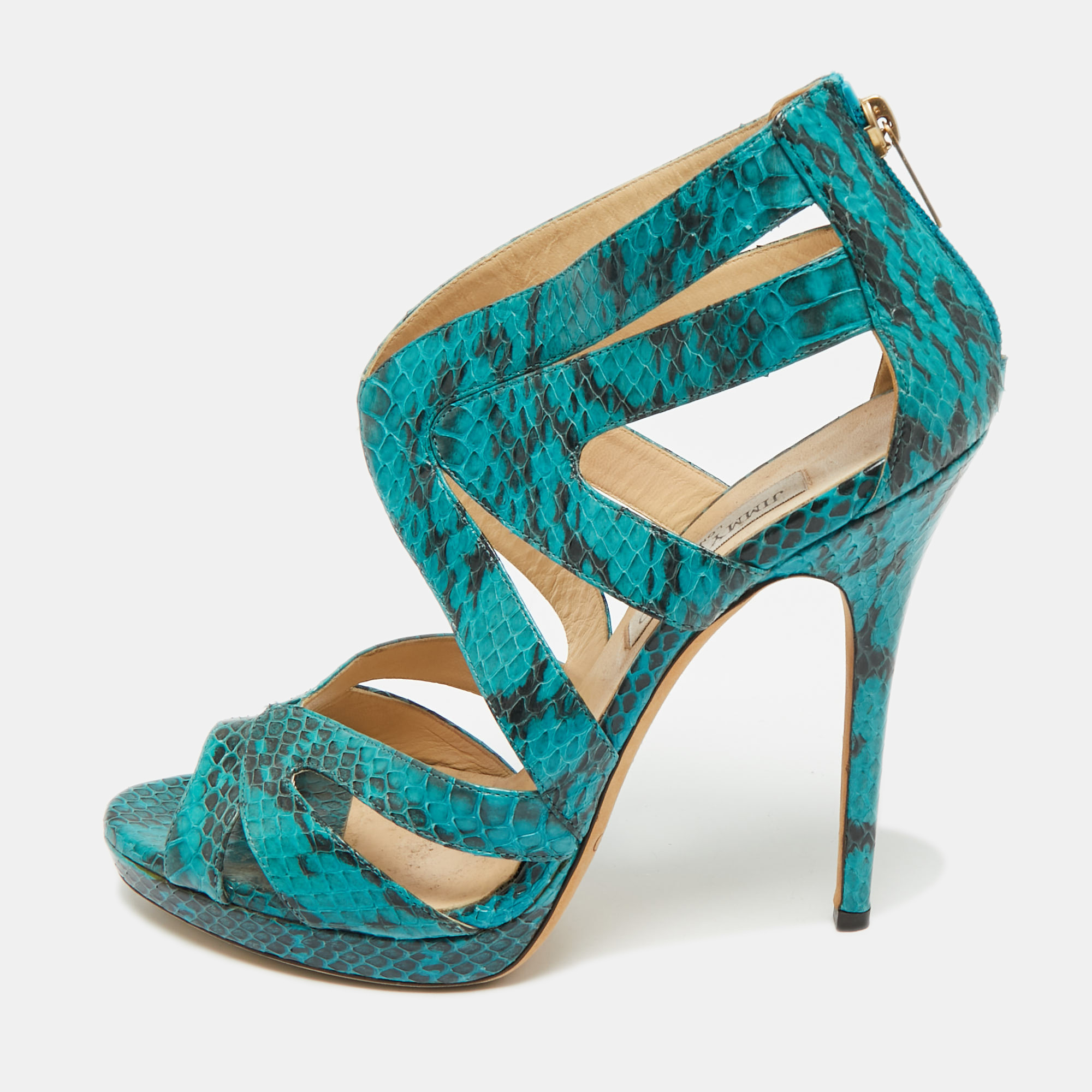 Pre-owned Jimmy Choo Blue Python Collar Platform Sandals Size 41
