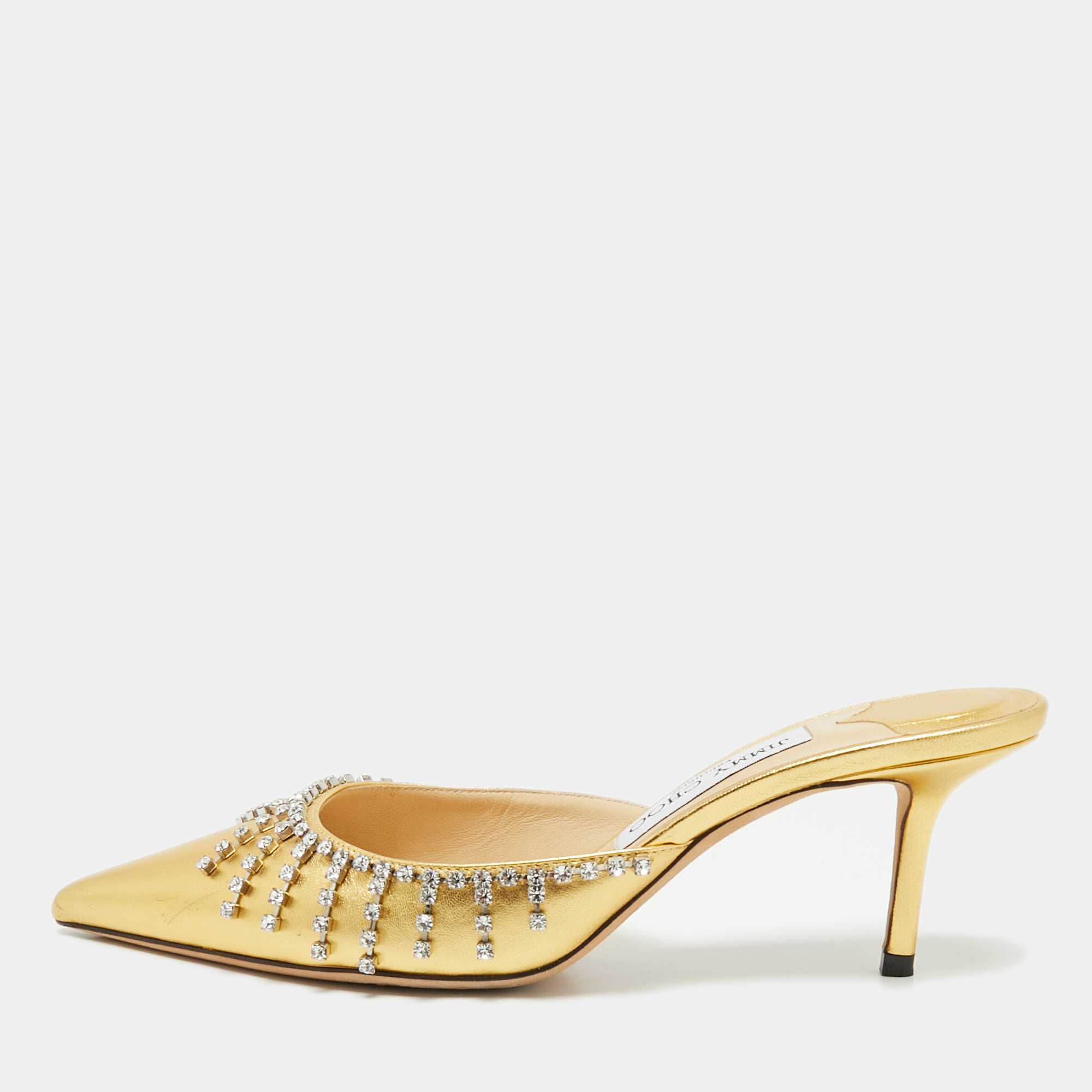 

Jimmy Choo Gold Leather Crystals Embellished Heel Mules Size