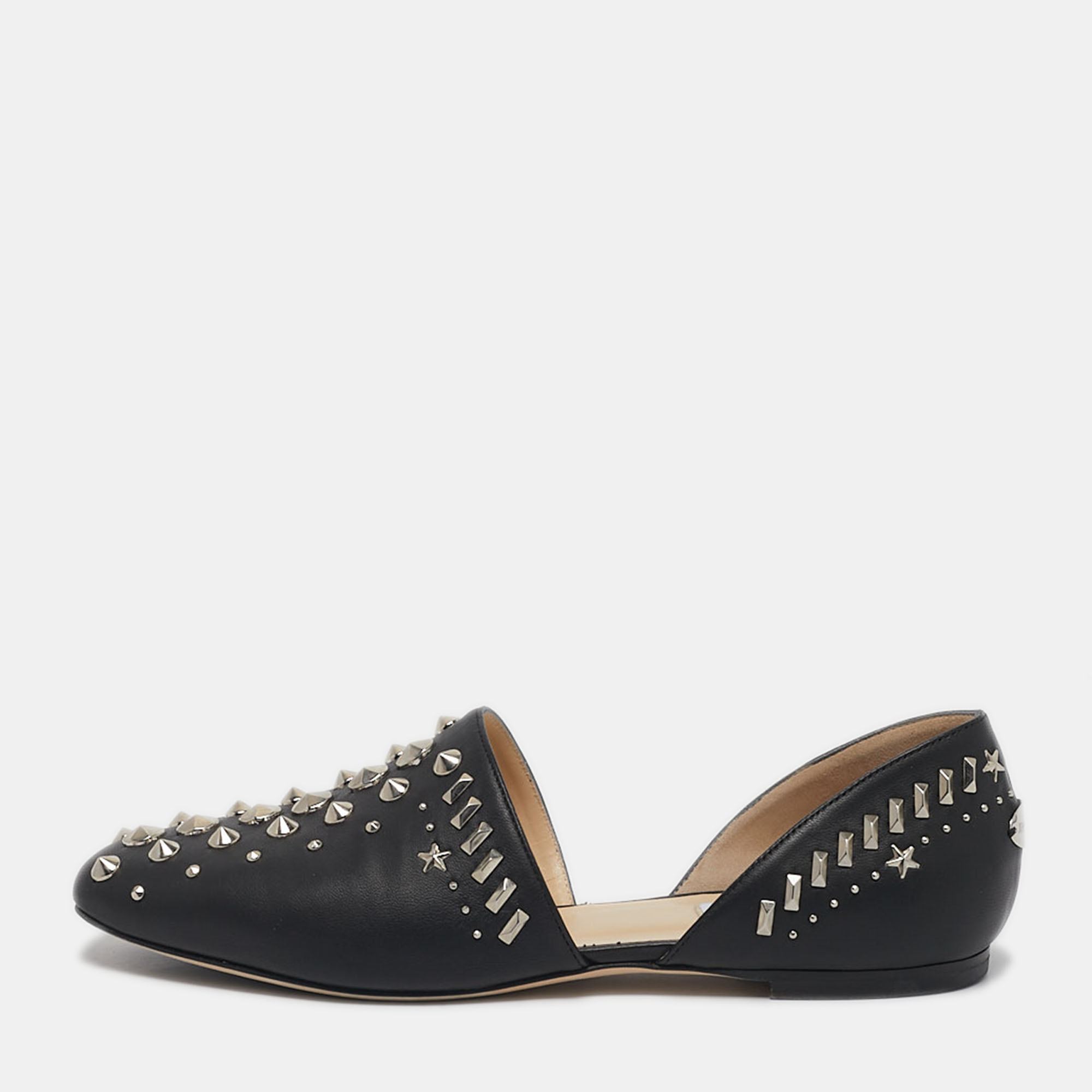 Pre-owned Jimmy Choo Black Leather Globe Studded Ballet Flats Size 38.5