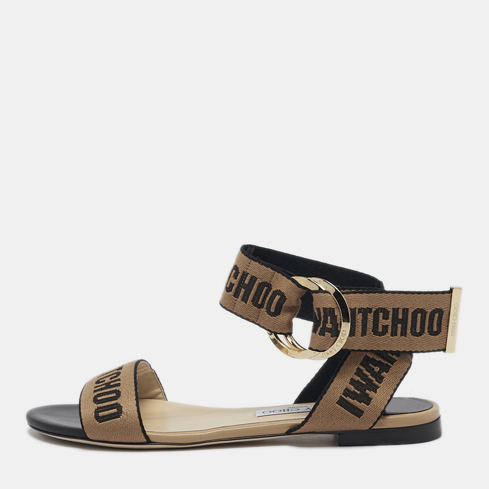 Jimmy Choo Brown/Black Canvas Breanne Flat Sandals Size 38.5