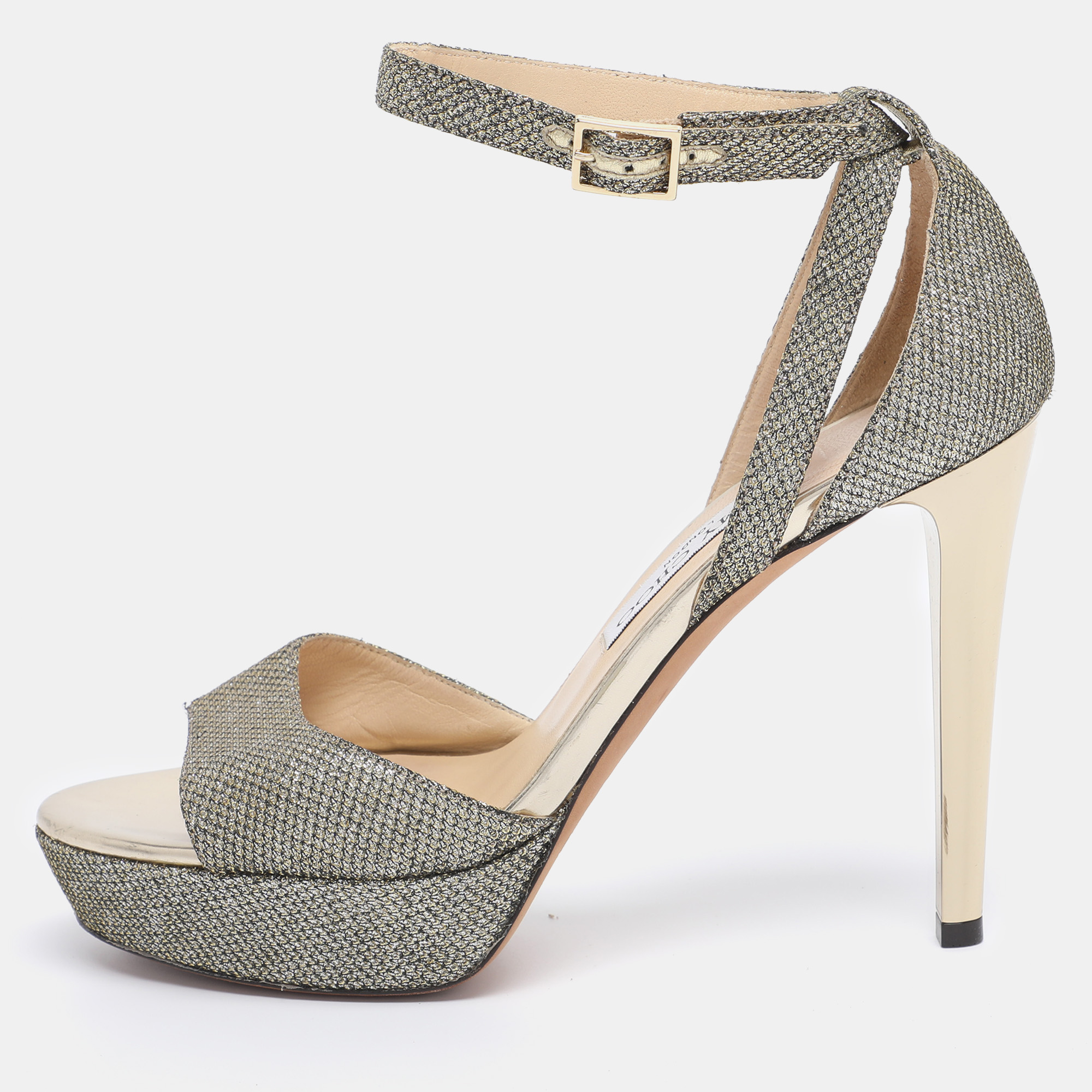 Pre-owned Jimmy Choo Gold Lurex Fabric And Glitter Kayden Platform Ankle Strap Sandals Size 38