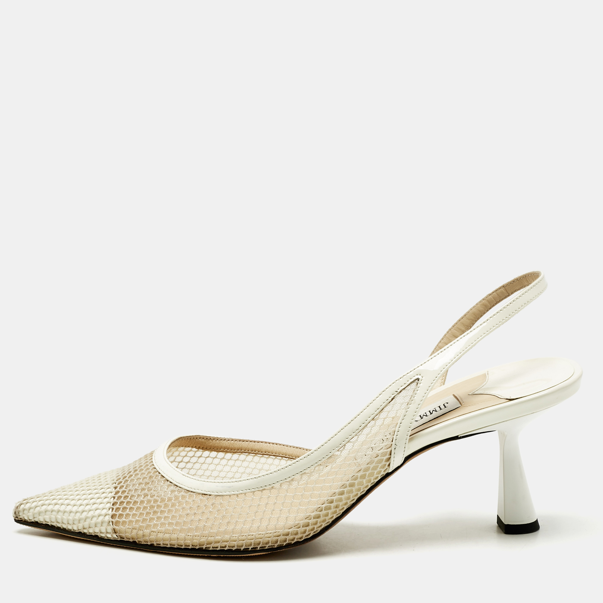 Pre-owned Jimmy Choo White Mesh And Patent Leather Fetto Slingback Pumps Size 41