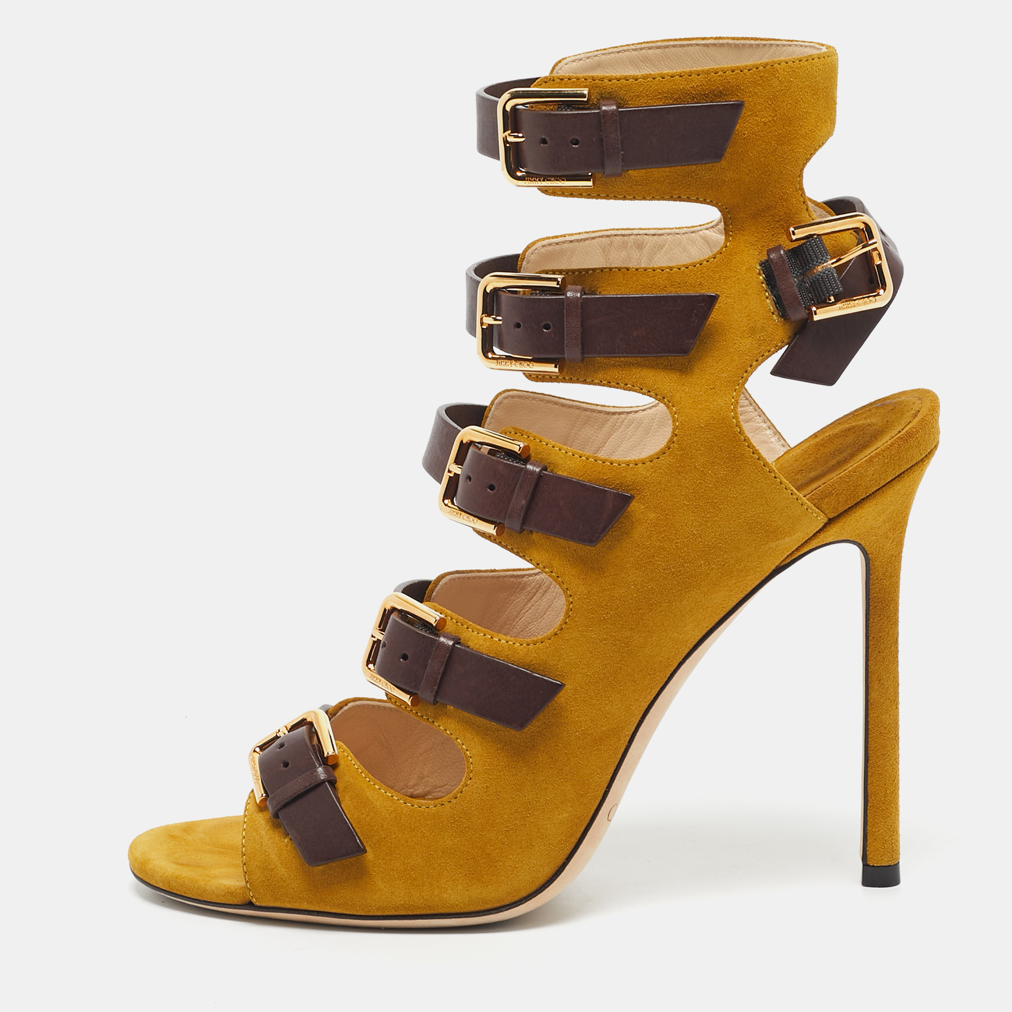 

Jimmy Choo Yellow/Brown Suede and Leather Trick Caged Sandals Size