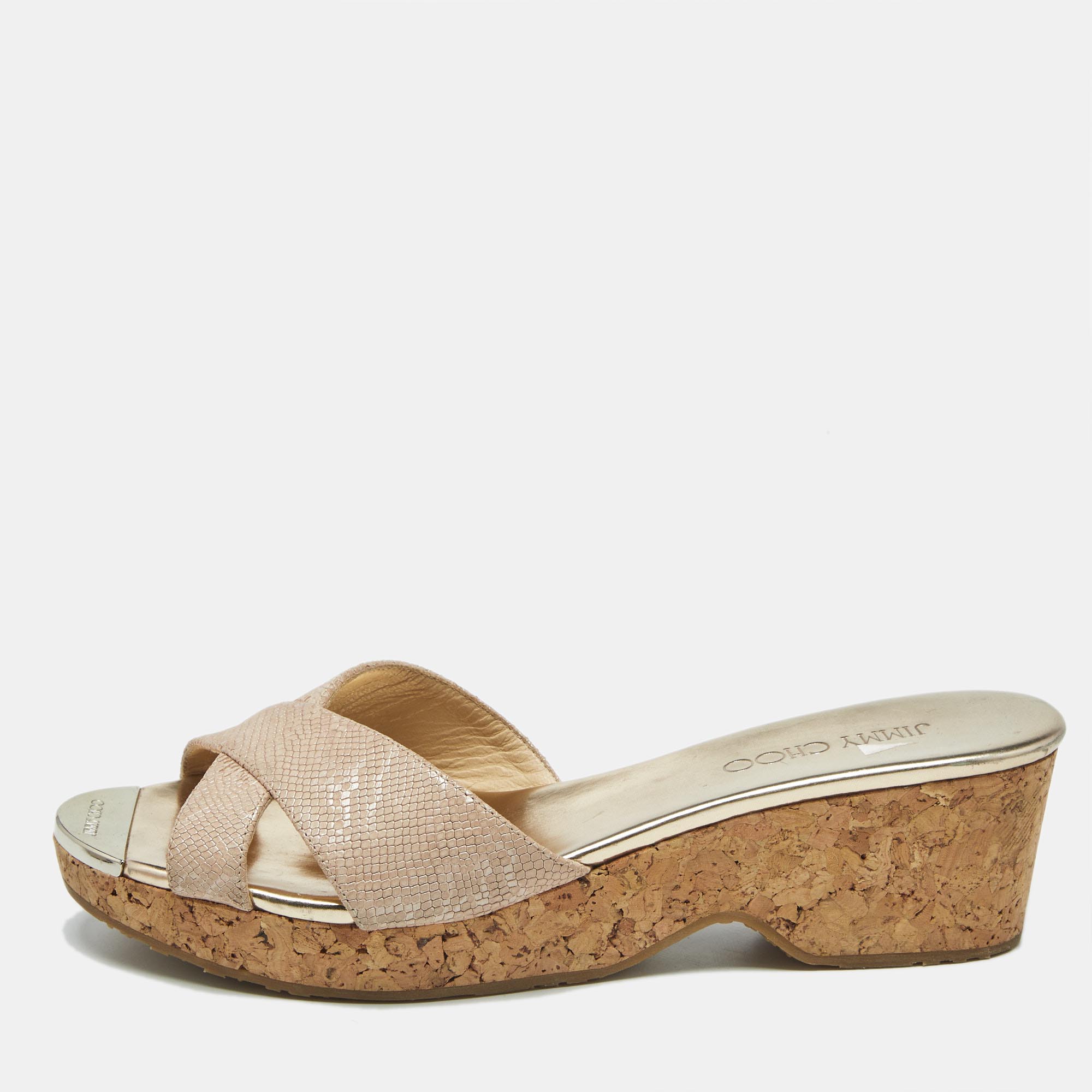 

Jimmy Choo Pink Embossed Leather Panna Slide Sandals Size