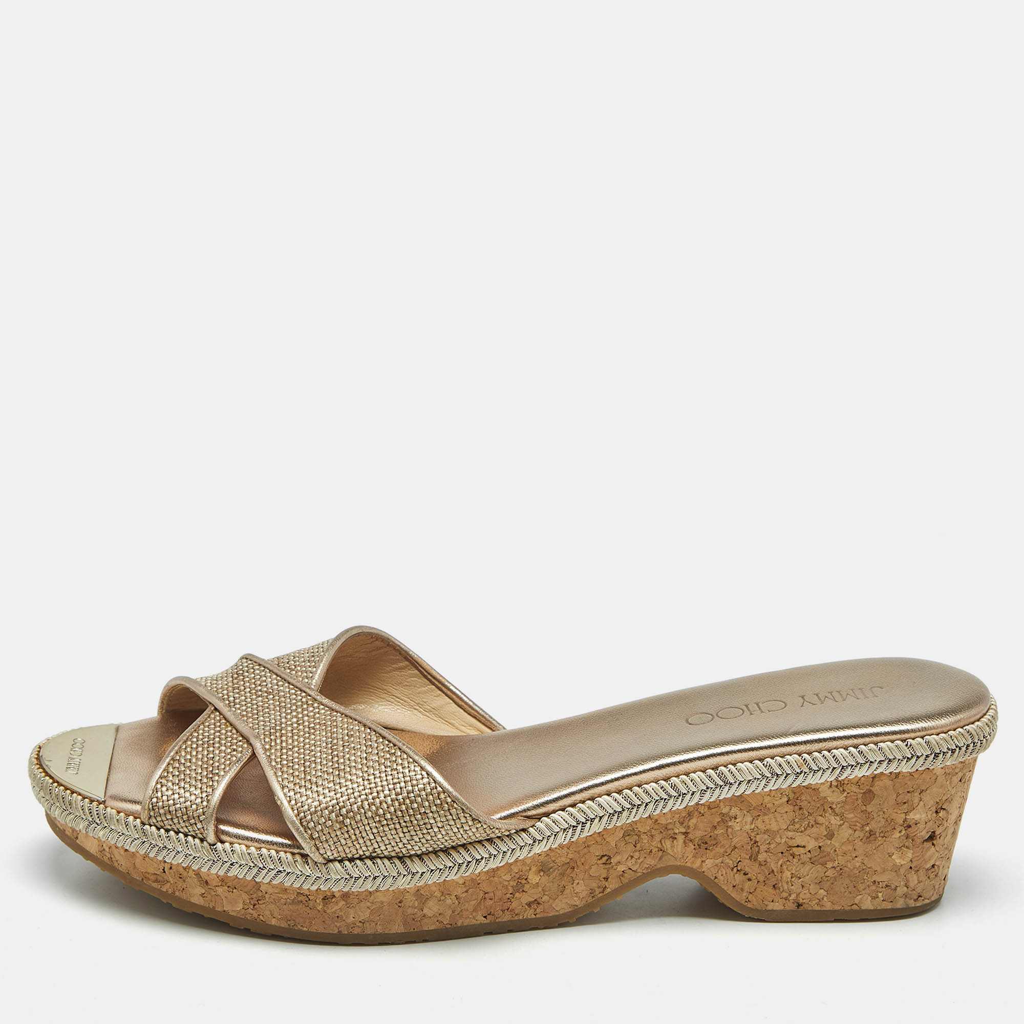 

Jimmy Choo Gold Woven Leather Prima Cork Wedge Sandals Size