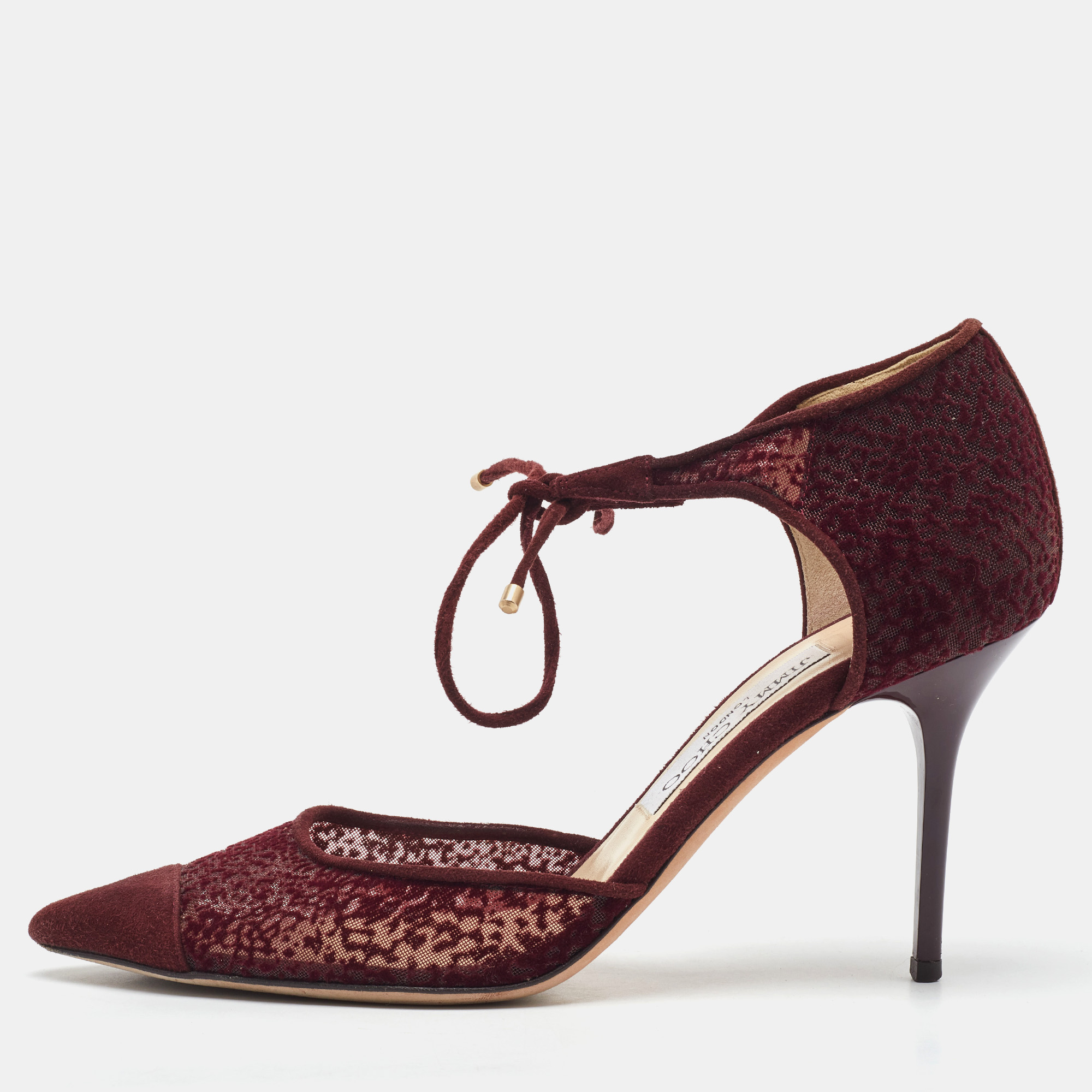 

Jimmy Choo Burgundy Velvet Mesh and Suede Vince Ankle Tie Sandals Size