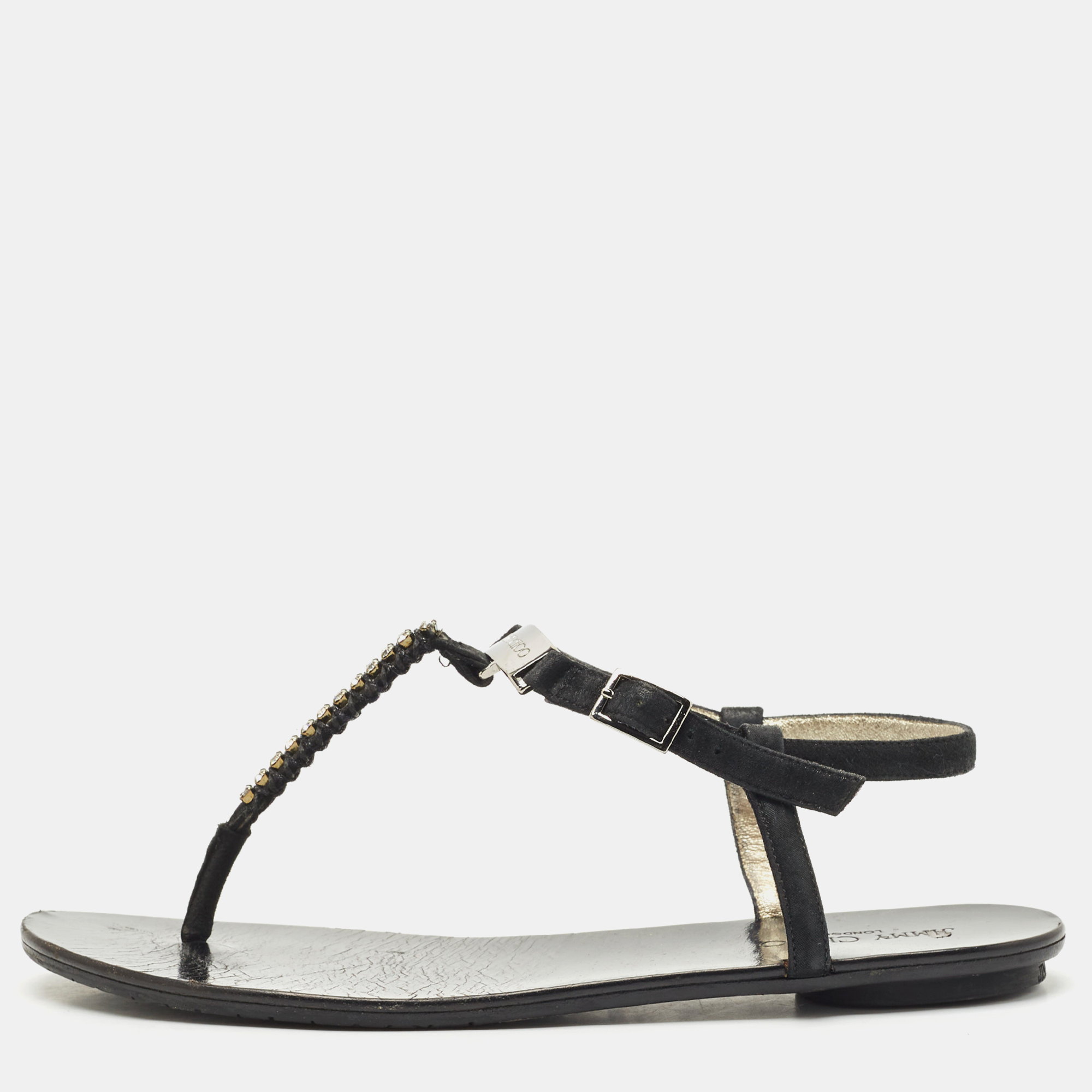 Pre-owned Jimmy Choo Black Shimmer Suede Wander Crystals T-strap Sandals Size 37