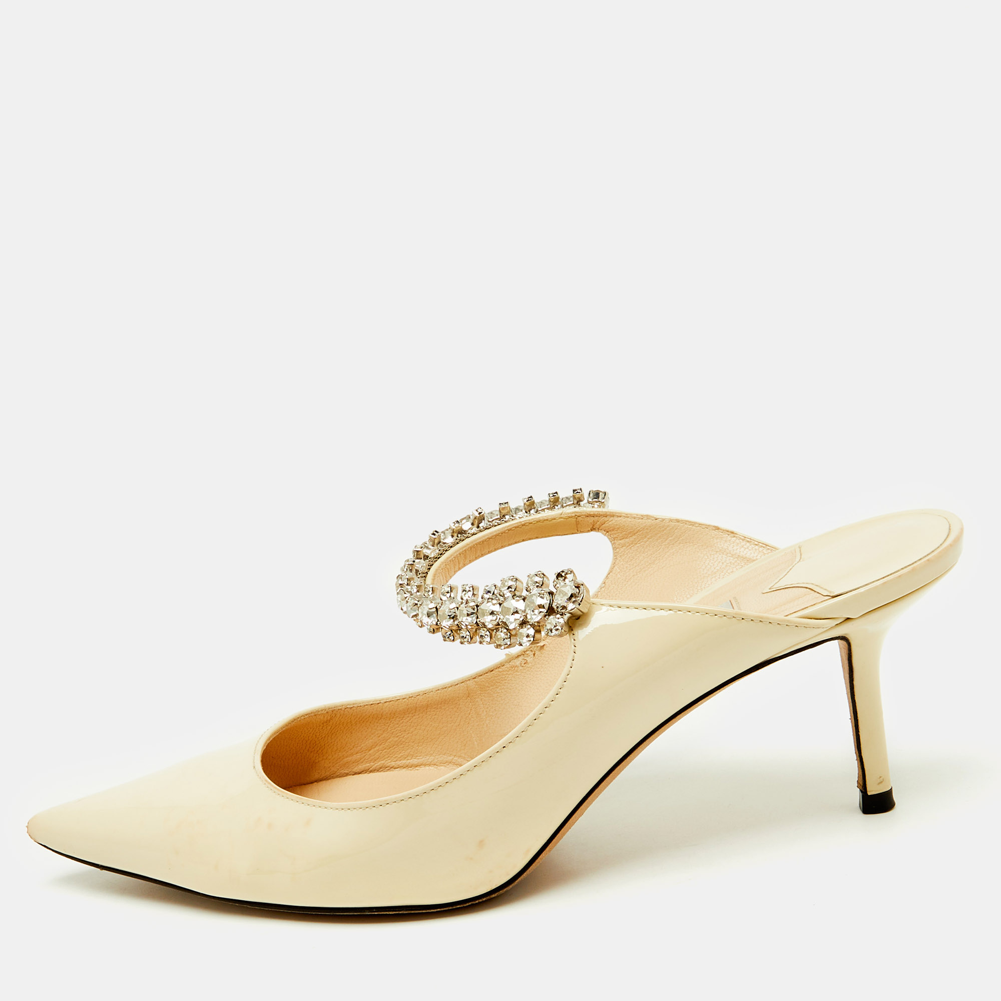 Pre-owned Jimmy Choo Beige Patent Leather Bing Crystal Embellished Pointed Toe Mules Size 38 In Sand