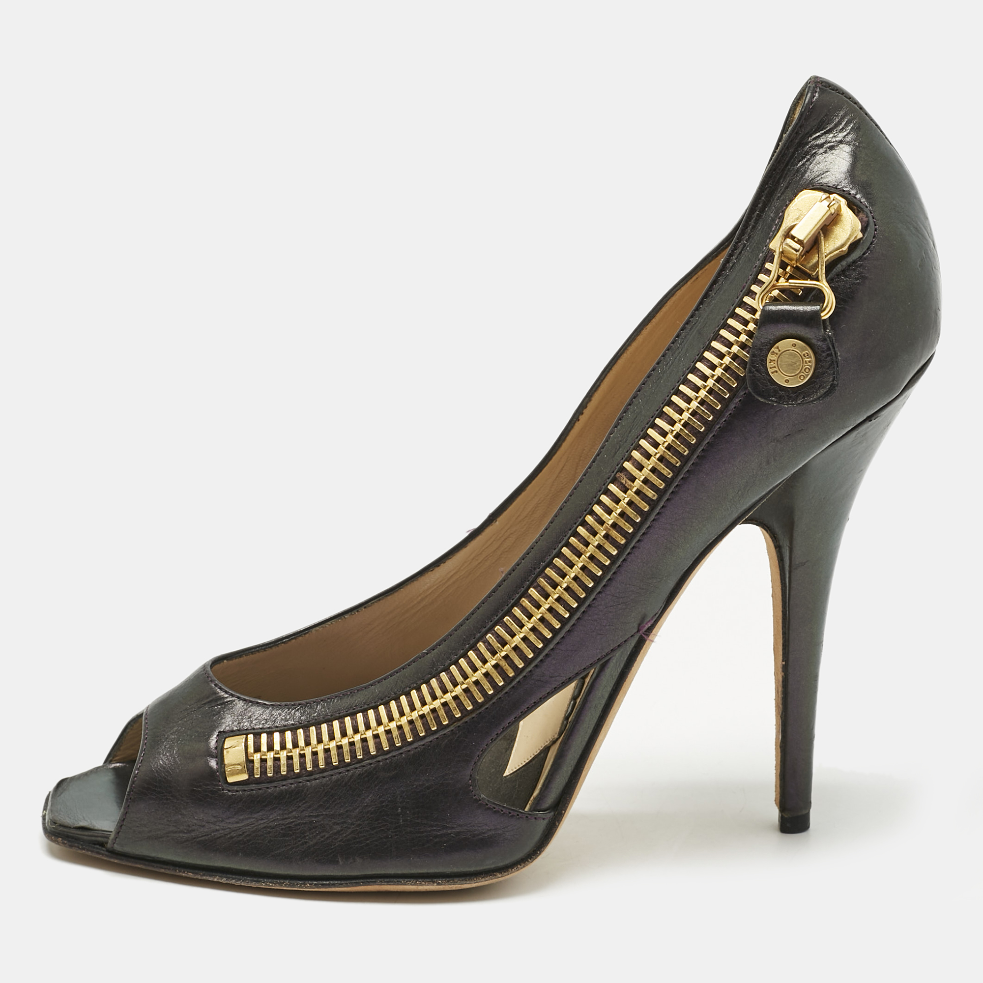 Pre-owned Jimmy Choo Vintage Purple Leather Zip Detail Open Toe Pumps Size 39
