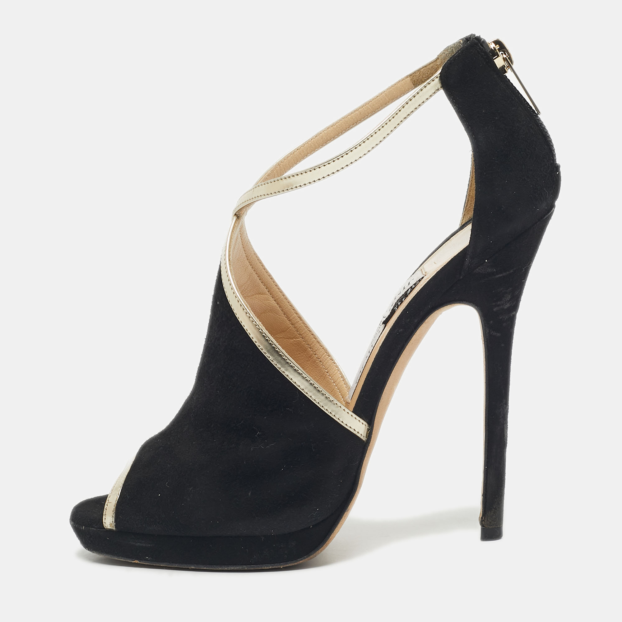Pre-owned Jimmy Choo Black Suede And Leather Fey Ankle Strap Sandals Size 36.5