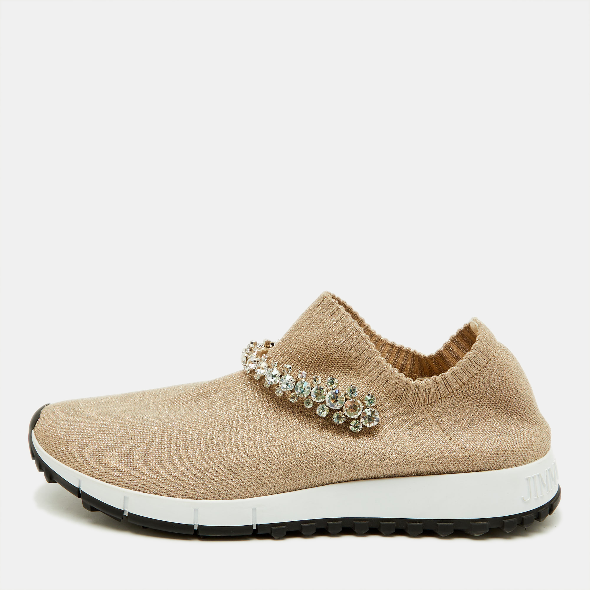 Pre-owned Jimmy Choo Beige Knit Fabric Crystal Embellished Verona Sneakers Size 37 In Sand