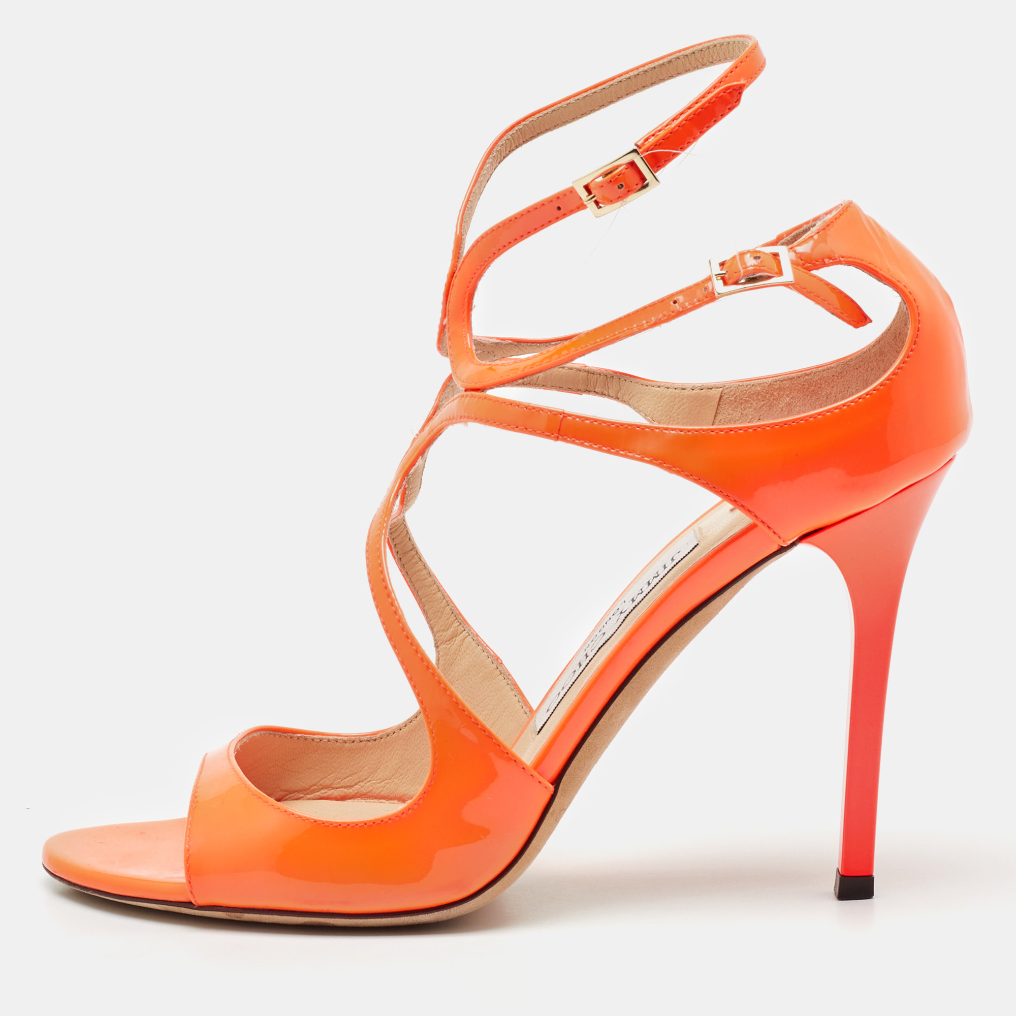 

Jimmy Choo Neon Orange Patent Leather Lance Ankle Sandals Size