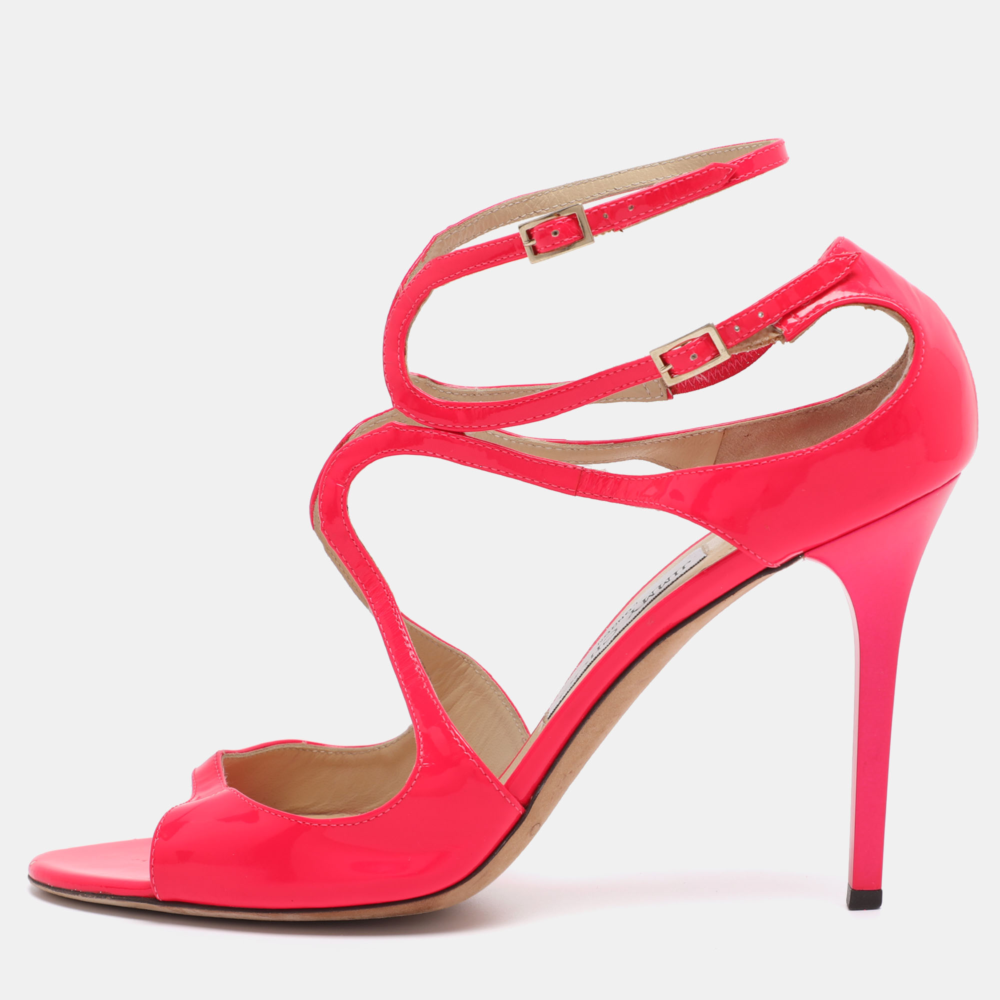Pre-owned Jimmy Choo Neon Pink Patent Leather Lance Ankle Strap Sandals Size 42