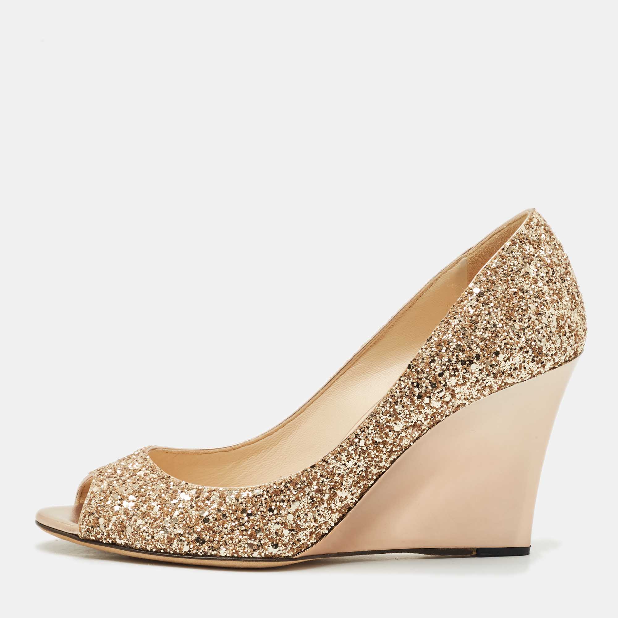 Pre-owned Jimmy Choo Gold Glitter Baxen Wedge Pumps Size 39.5