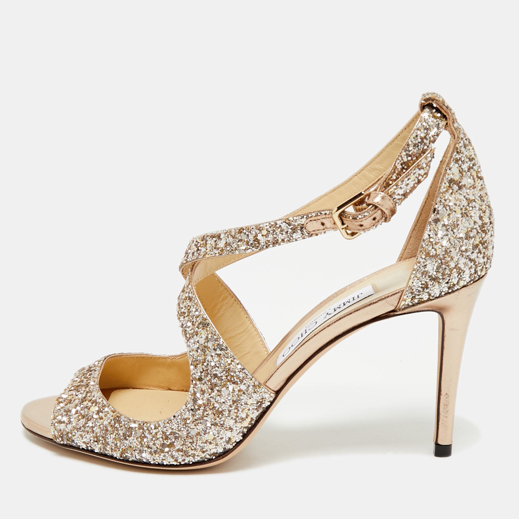 

Jimmy Choo Gold Glitter Emily Cross Strap Sandals Size
