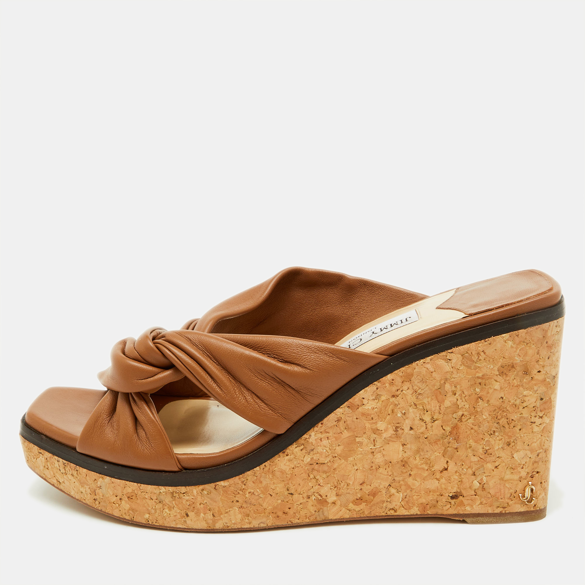 Jimmy Choo Brown Leather Narisa Cork Platform Wedge Sandals Size 41