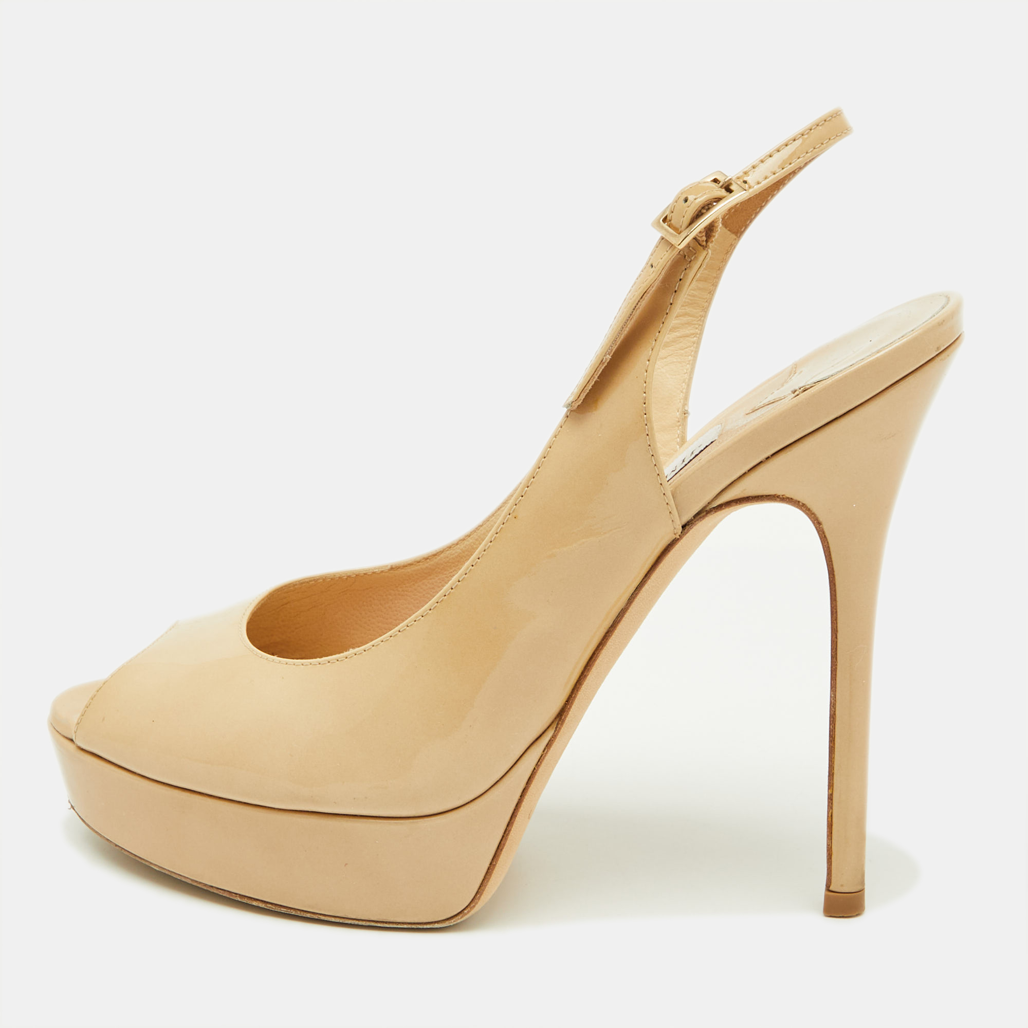 

Jimmy Choo Beige Patent Leather Nova Peep Toe Platform Slingback Pumps Size