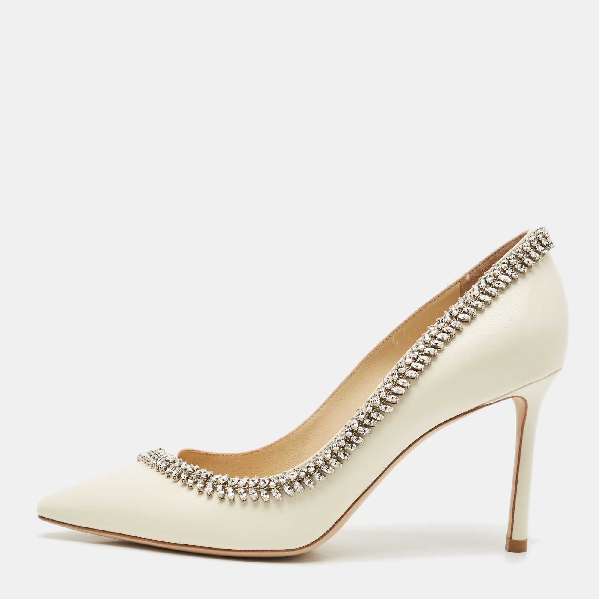 

Jimmy Choo Cream Leather Crystal Embellished Romy Pointed Toe Pumps Size