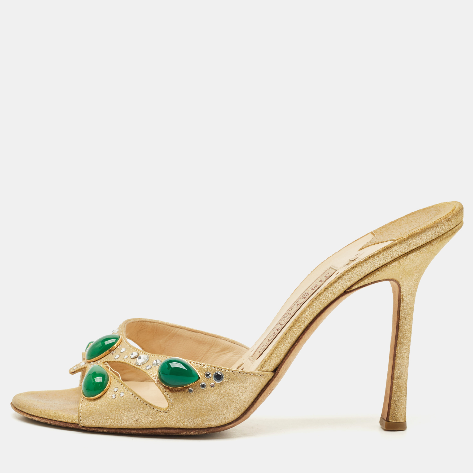 Pre-owned Jimmy Choo Gold Texture Suede Crystal Embellished Slide Sandals Size 36.5