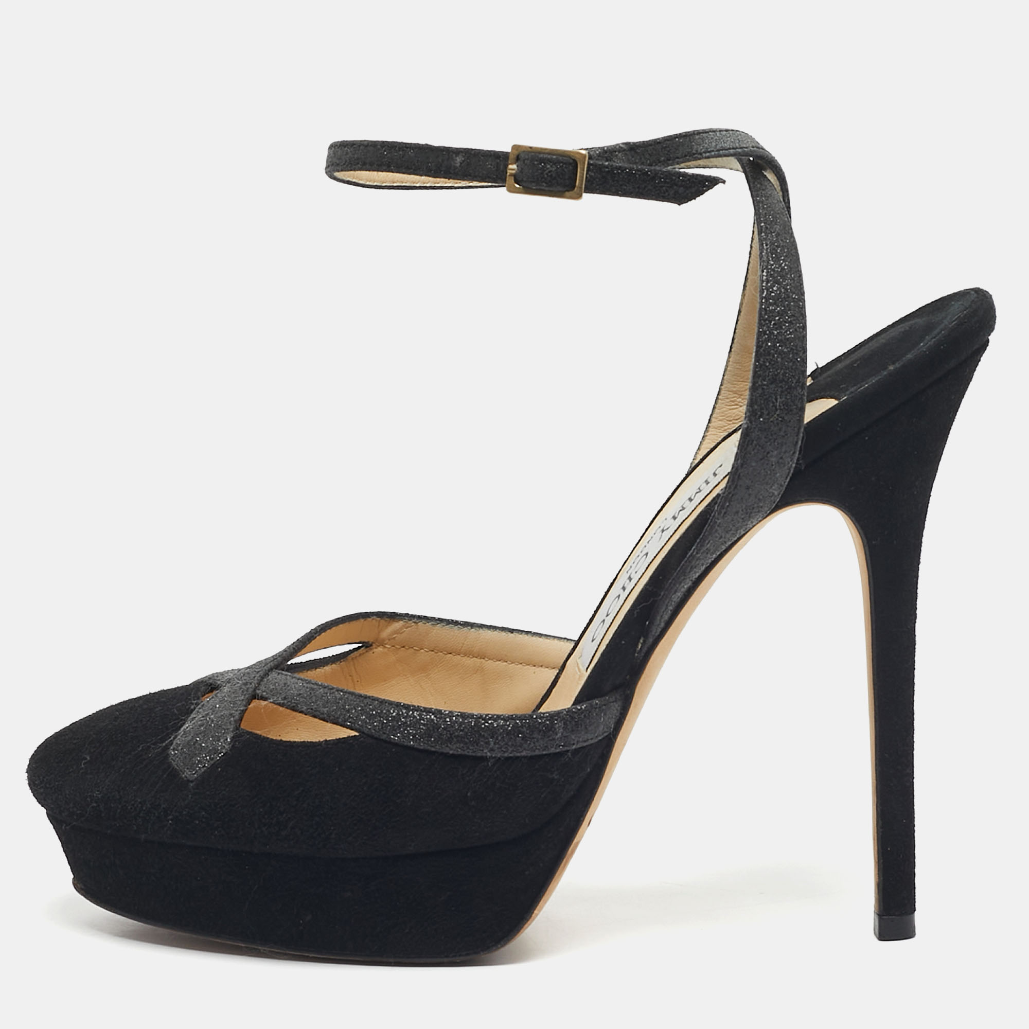 Pre-owned Jimmy Choo Black Glitter And Suede Platform Ankle Wrap Pumps Size 37