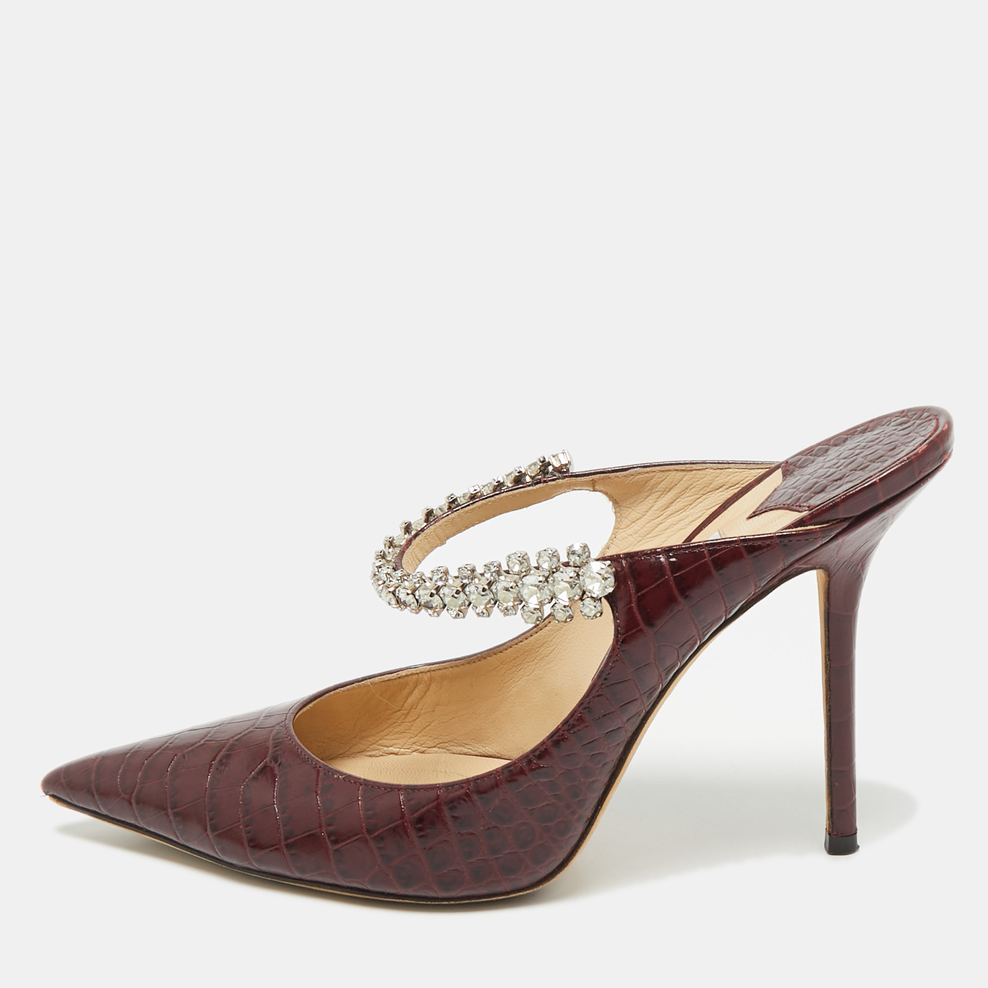 Pre-owned Jimmy Choo Burgundy Croc Embossed Leather Bing 100 Mules Size 40
