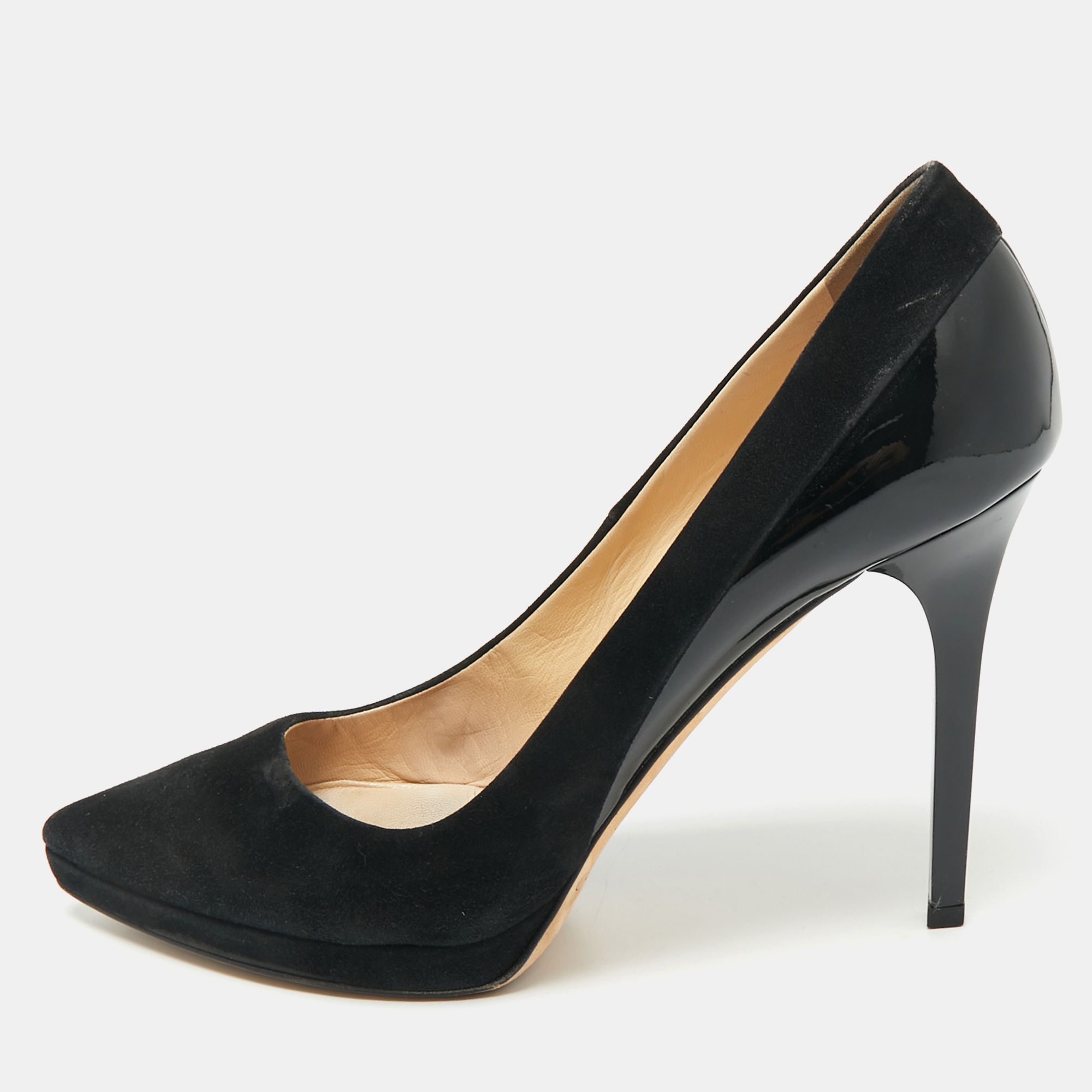 

Jimmy Choo Black Suede and Patent Leather Pointed Toe Pumps Size