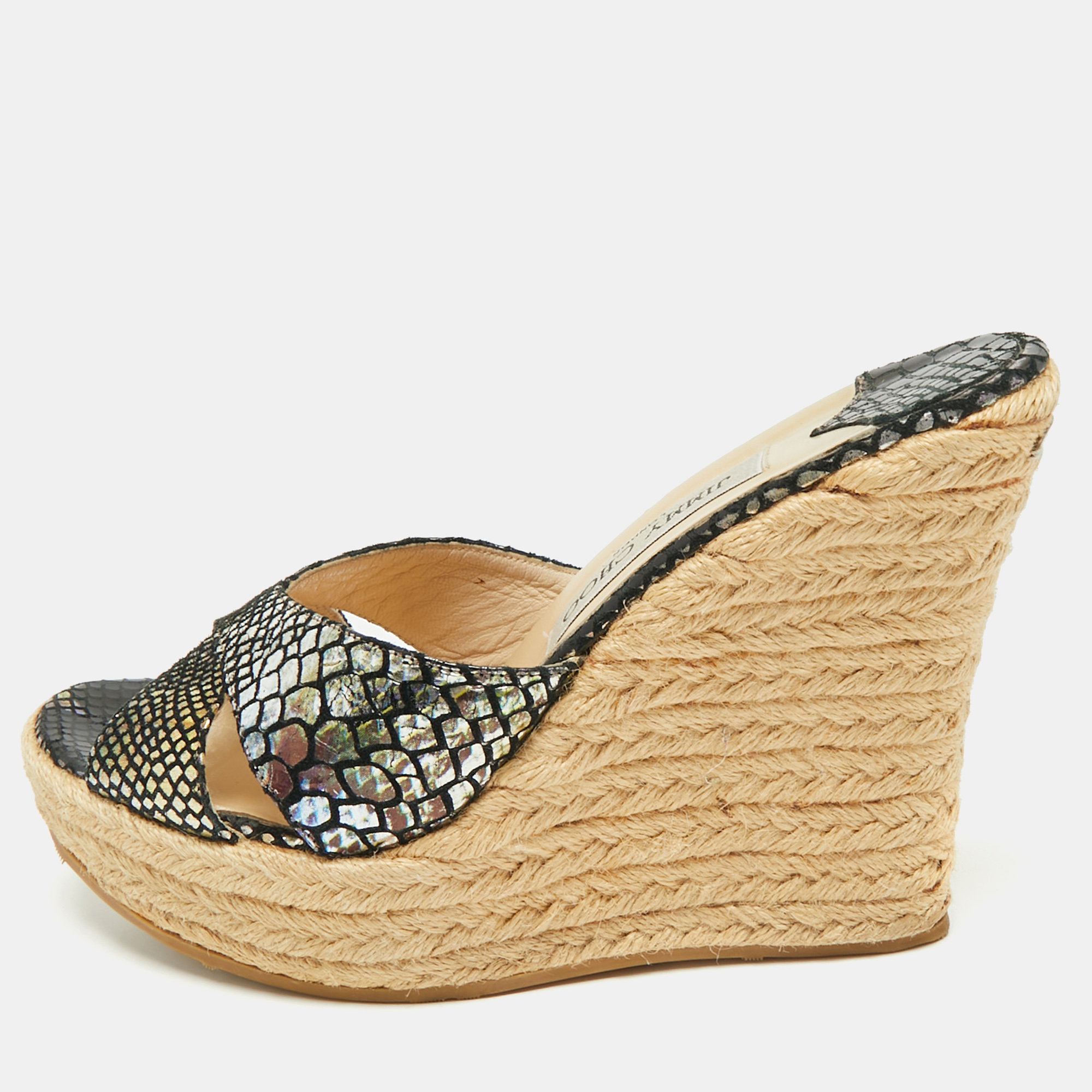 

Jimmy Choo Multicolor Croc-Embossed Leather Platform Wedge Sandals Size